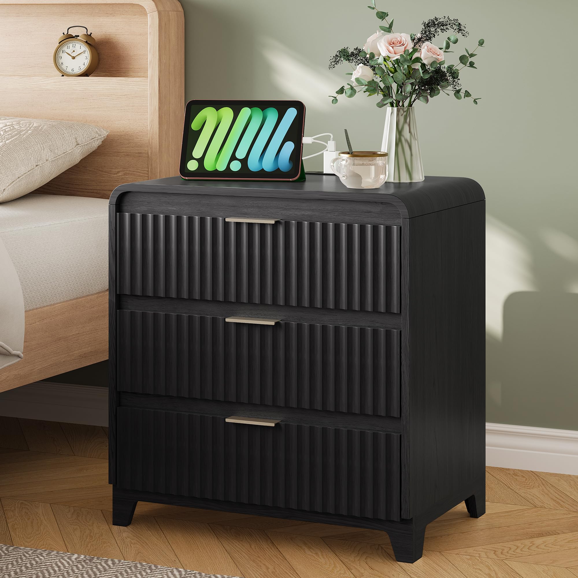 Black Nightstand with Charging Station, 24" Modern Fluted Wood Night Stand with Drawers Storage, Wide End Table, Bedside for Bedroom, Black
