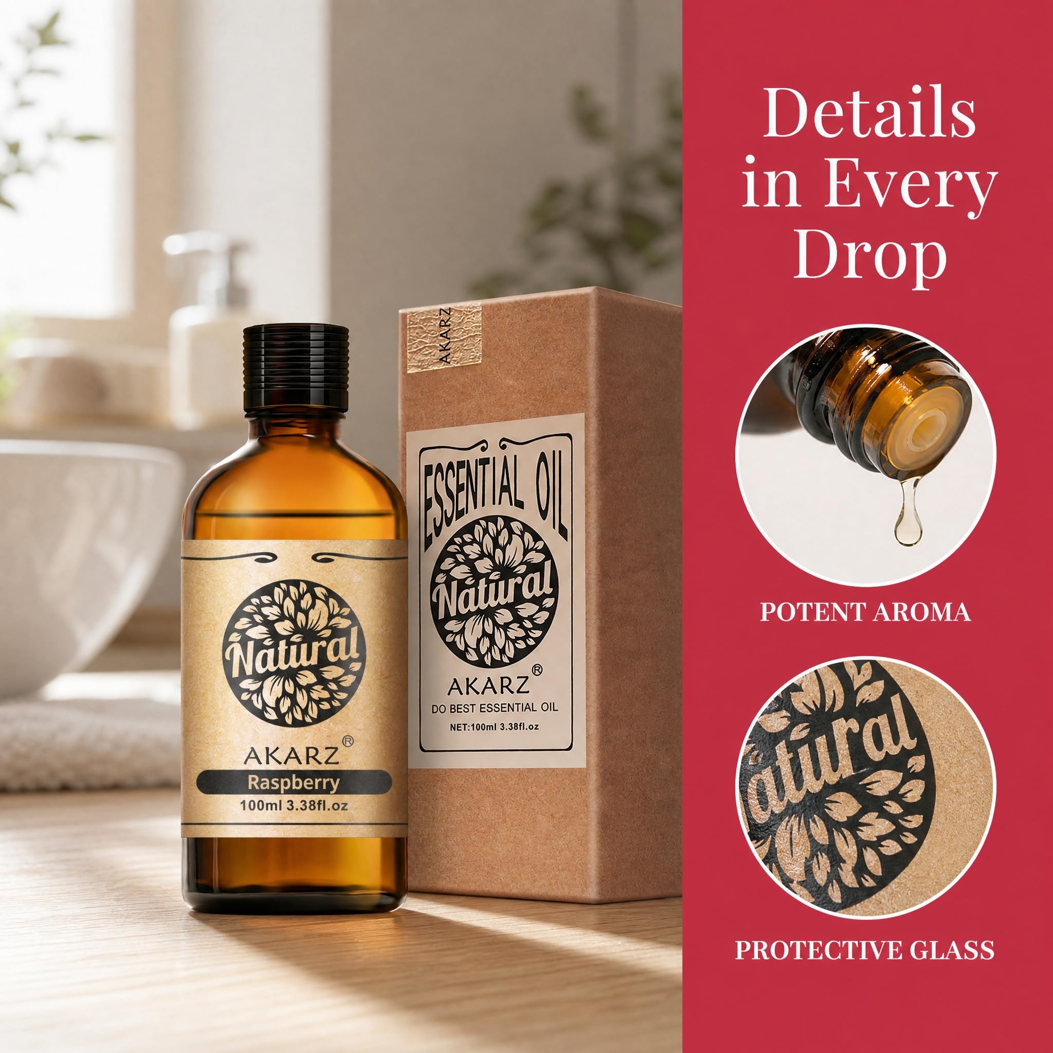 AKARZ 100ml Olejek esencjny z Maliny - Naturalny olejek aromatyczny do dyfuzorów, lamp aromatycznych i aromatów pomieszczeń