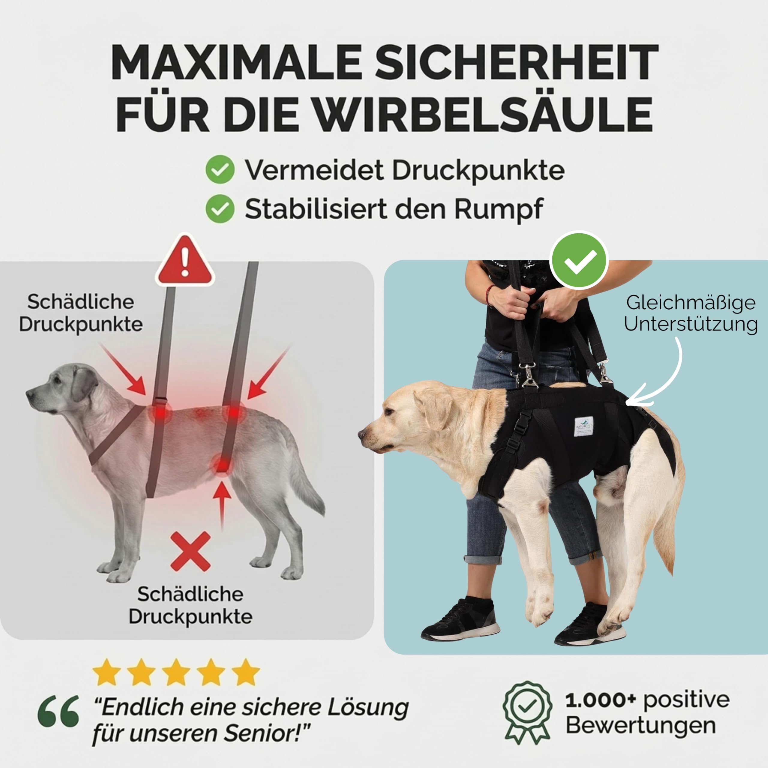 NATURE PET Hunde TRAGEHILFE GANZKÖRPER – Tragehilfe für Hund in Groß mit gepolstertem Hundetragegurt aus 4mm Neopren – Hebegeschirr für Reha, Treppen & Auto – verstellbar & stabil – Größe XL