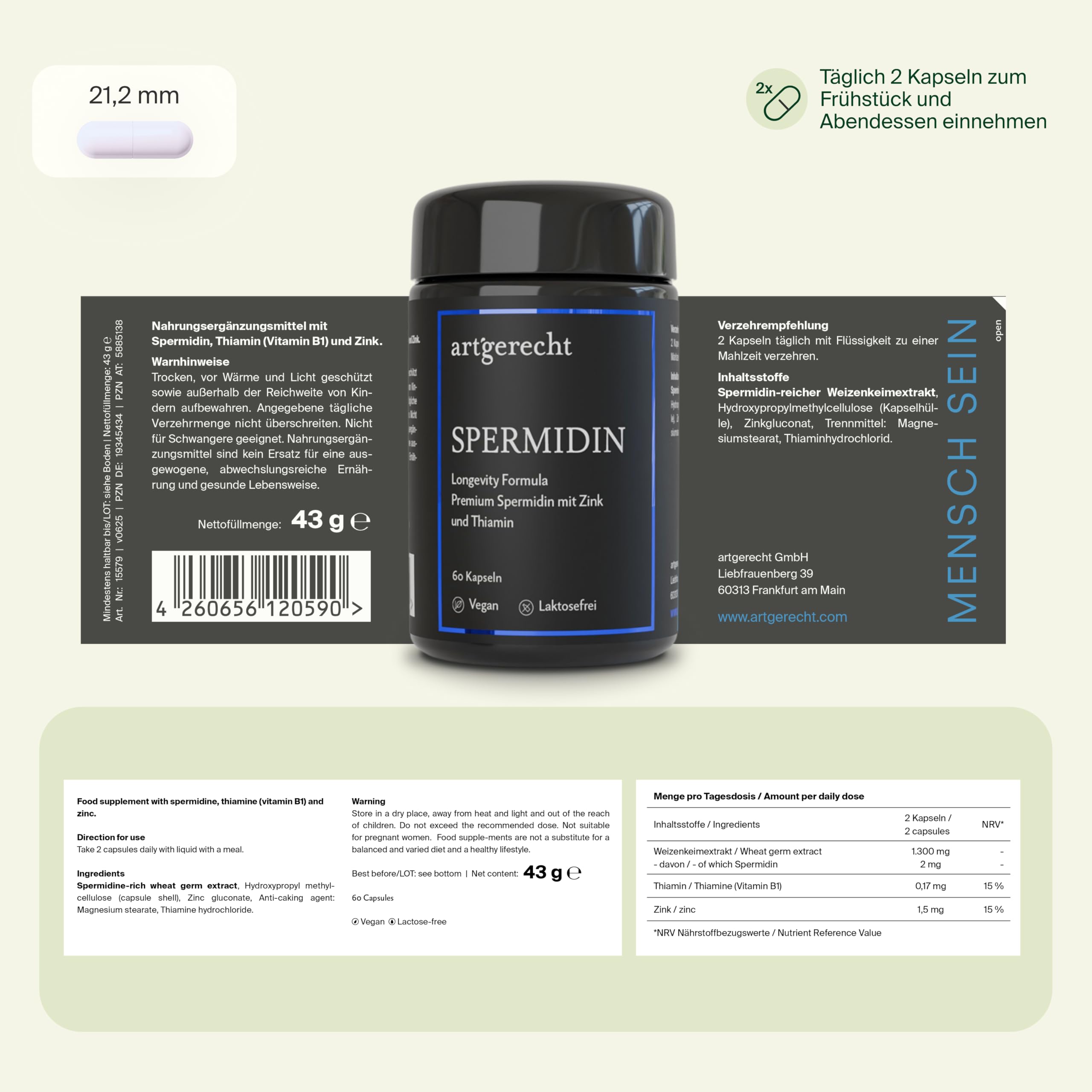 SPERMIDIN – 60 Kapseln mit 2 mg Spermidin pro Tag & CELVIO® Komplex aus Weizenkeimextrakt, Zink & Vitamin B1 | Unterstützt Zellschutz, Energie & geistige Leistung | Hochwertige Longevity-Formel, vegan