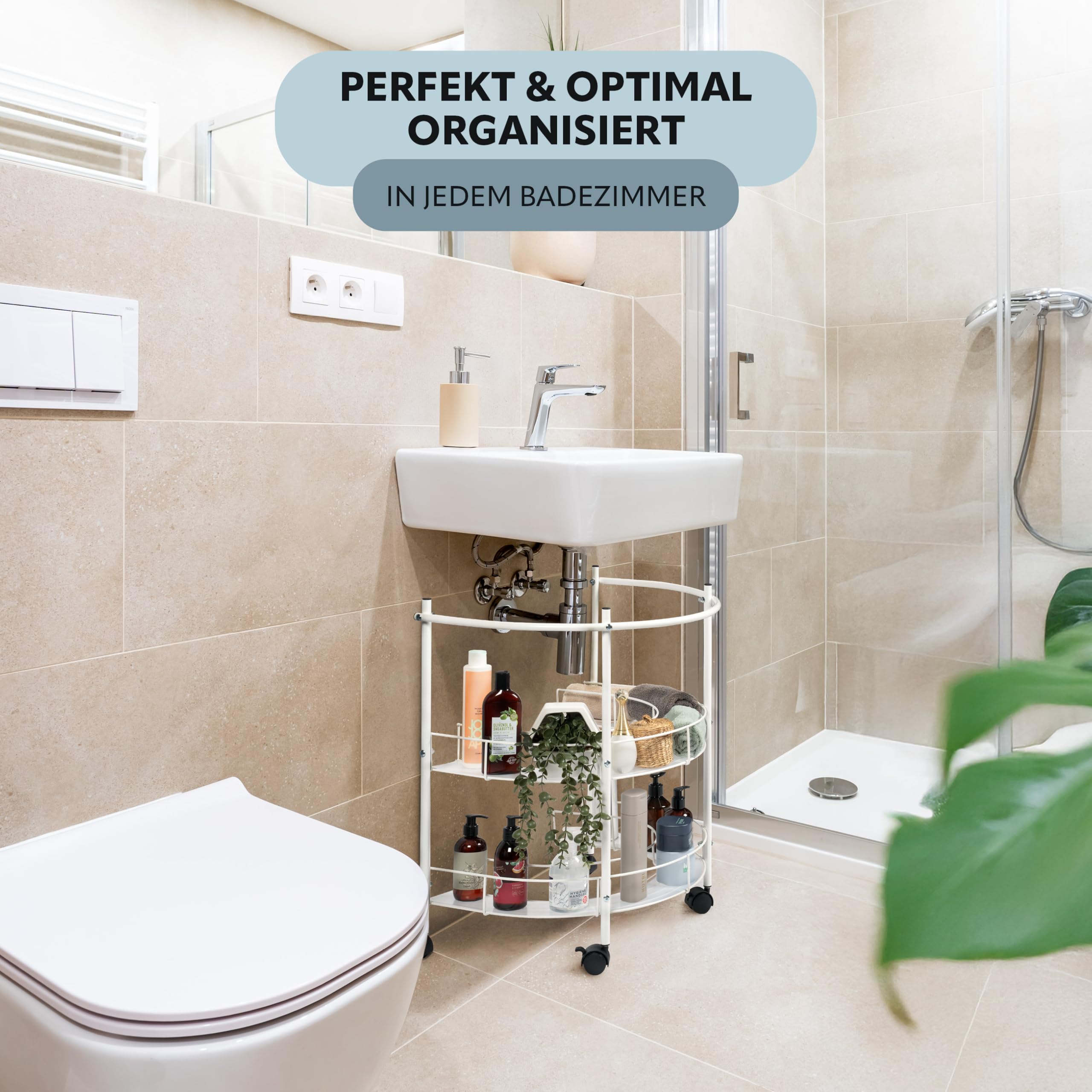 eluno Estantería inferior para lavabo con 2 estantes y 4 ruedas con bloqueo, ideal como toallero, armario para debajo del lavabo para utensilios de baño, de metal blanco