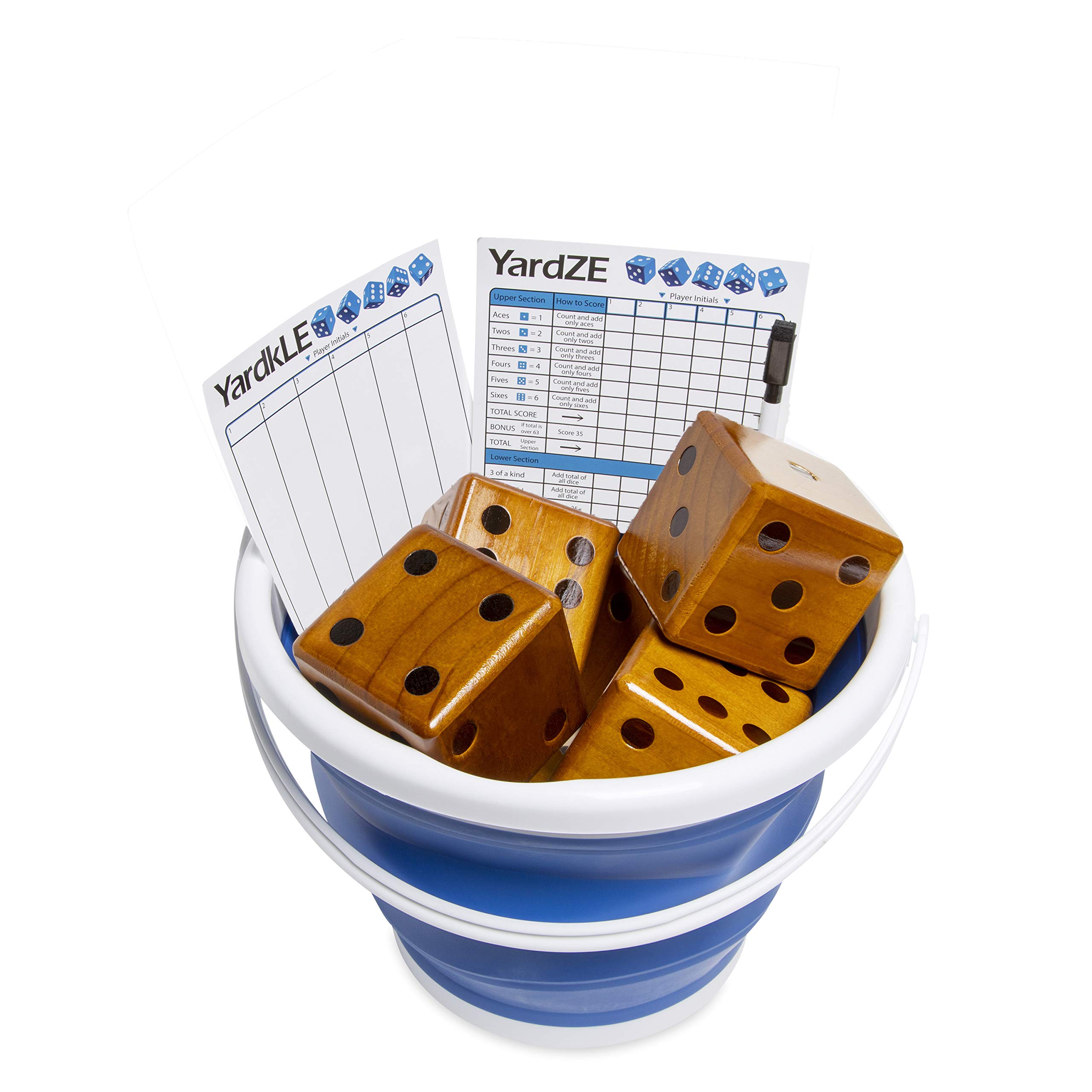 GETMOVIN SPORTS Zestaw kości Stained Yardzee and Yard Farkle (All Weather) i karta wyników – zawiera 6 kości, karta wyników suchościeralnych z markerem, wiadro rolkowe, pokrywka do przechowywania