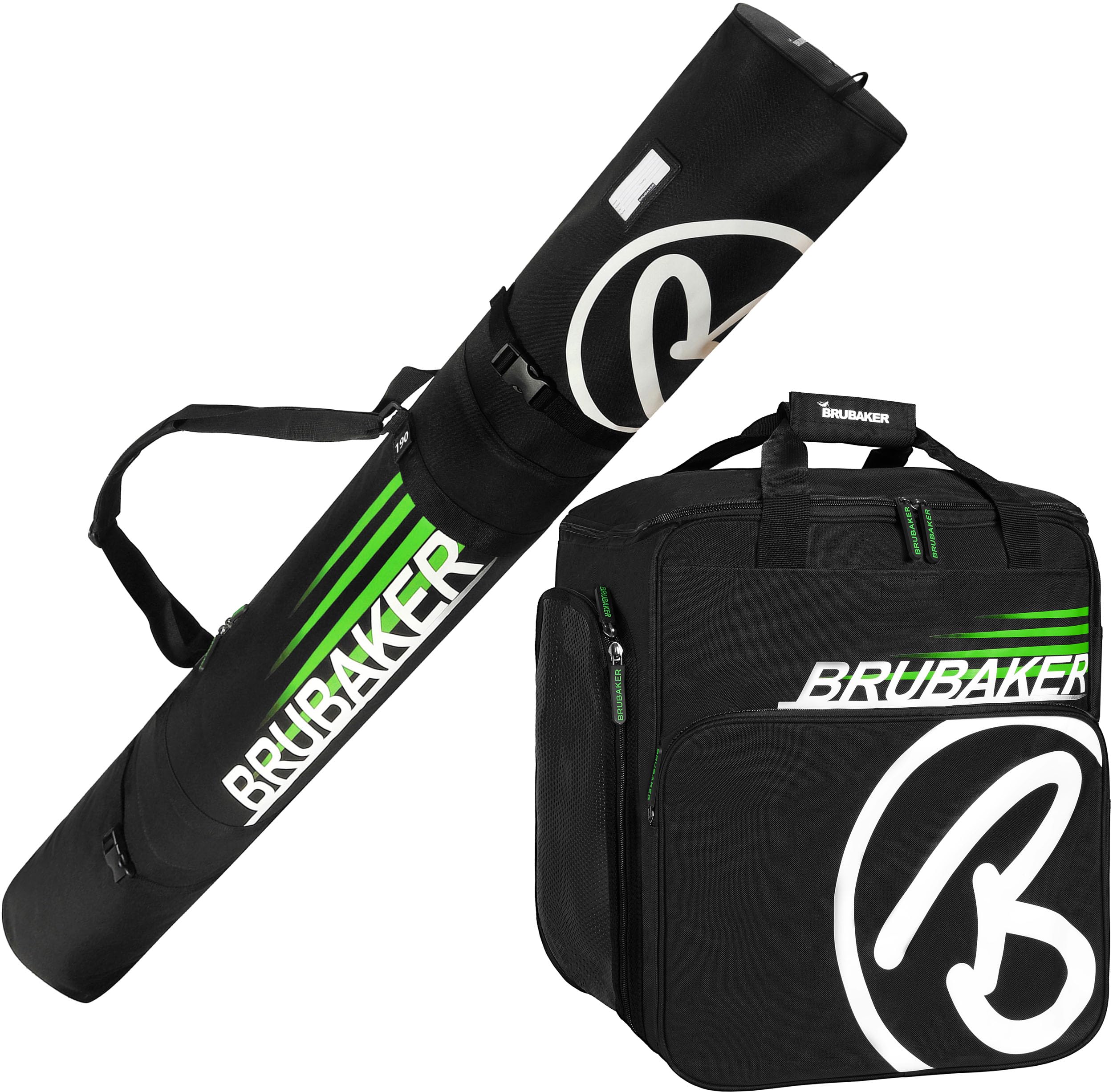 BRUBAKER Set de Ski ‘Champion’ - Housse à Skis et Sac à Chaussures de Ski pour 1 Paire de Skis + Bâtons + Chaussures + Casque - 190 cm - Noir/Vert
