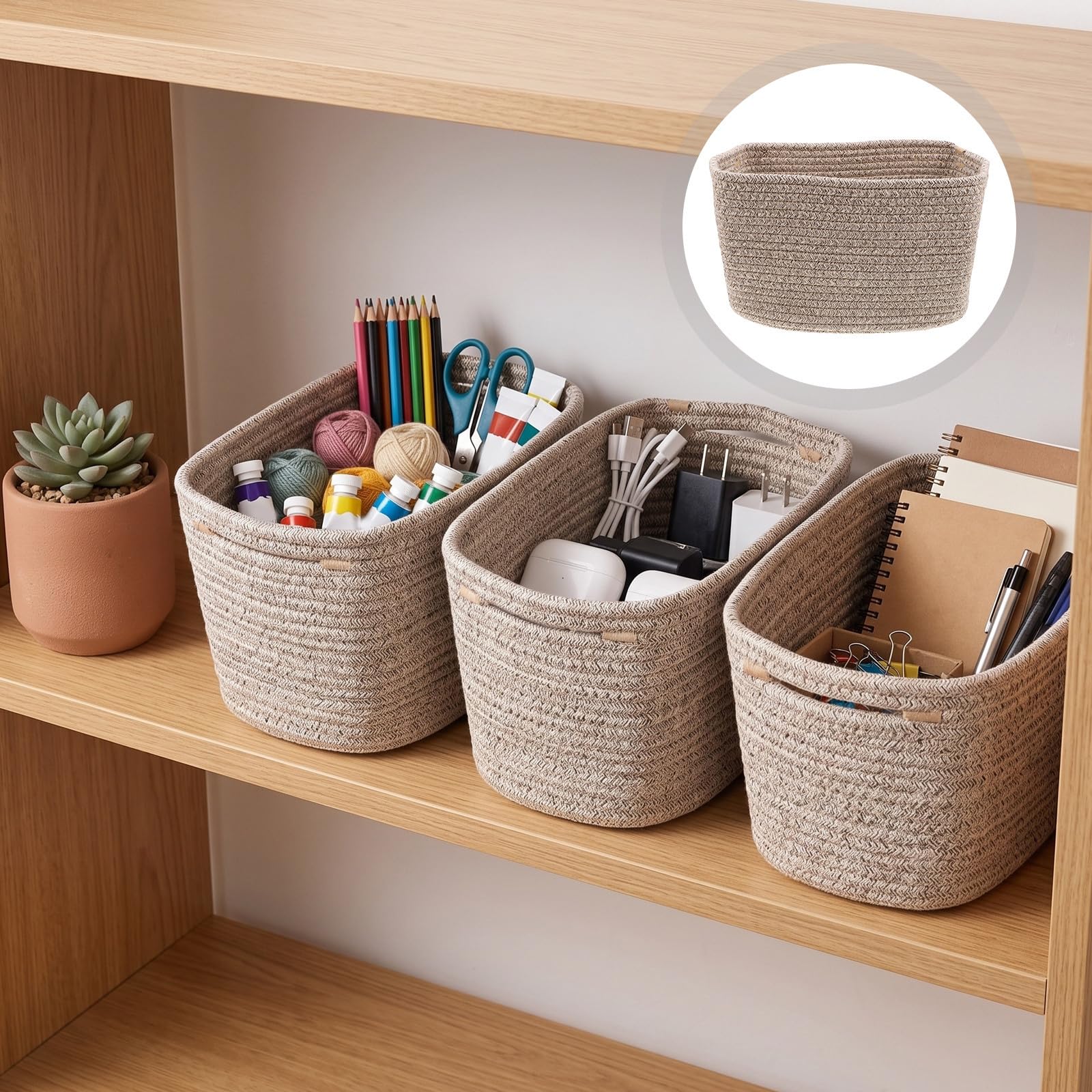 3 Pezzi Cesto Rettangolare in Corda di Cotone Intrecciata Design Nordico Boho, Resistente e Pieghevole, per Riviste e Libri in Ingresso o Scaffali