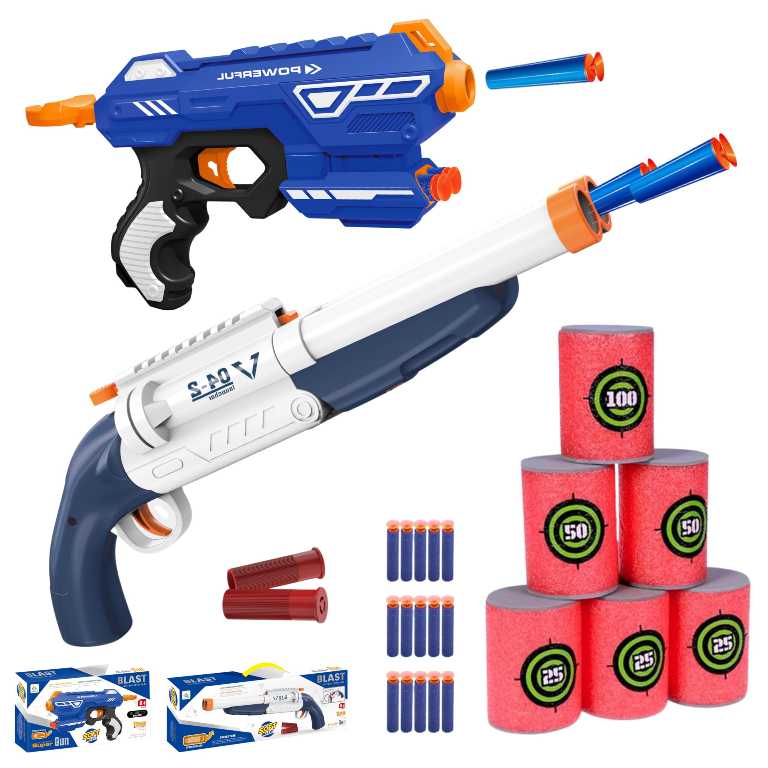 Softdart Blaster Set Kinder – Spielzeug Pistole & Pumpgun mit Schaumstoff Pfeilen und Zielscheiben – Manuelle Softgun Spielzeugwaffen mit Visier – Outdoor Indoor Shooting Game