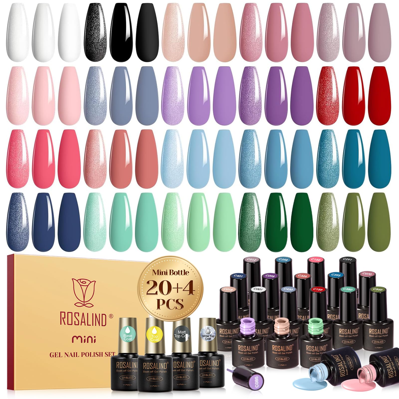 ROSALIND Esmaltes Semipermanentes Para Uñas, 24 Piezas Blanco Negro Rosa Morado Rojo Azul Verde Colores Esmaltes Semipermanente, UV/LED Pintauñas Semipermanentes Nail Art Manicure Regalo