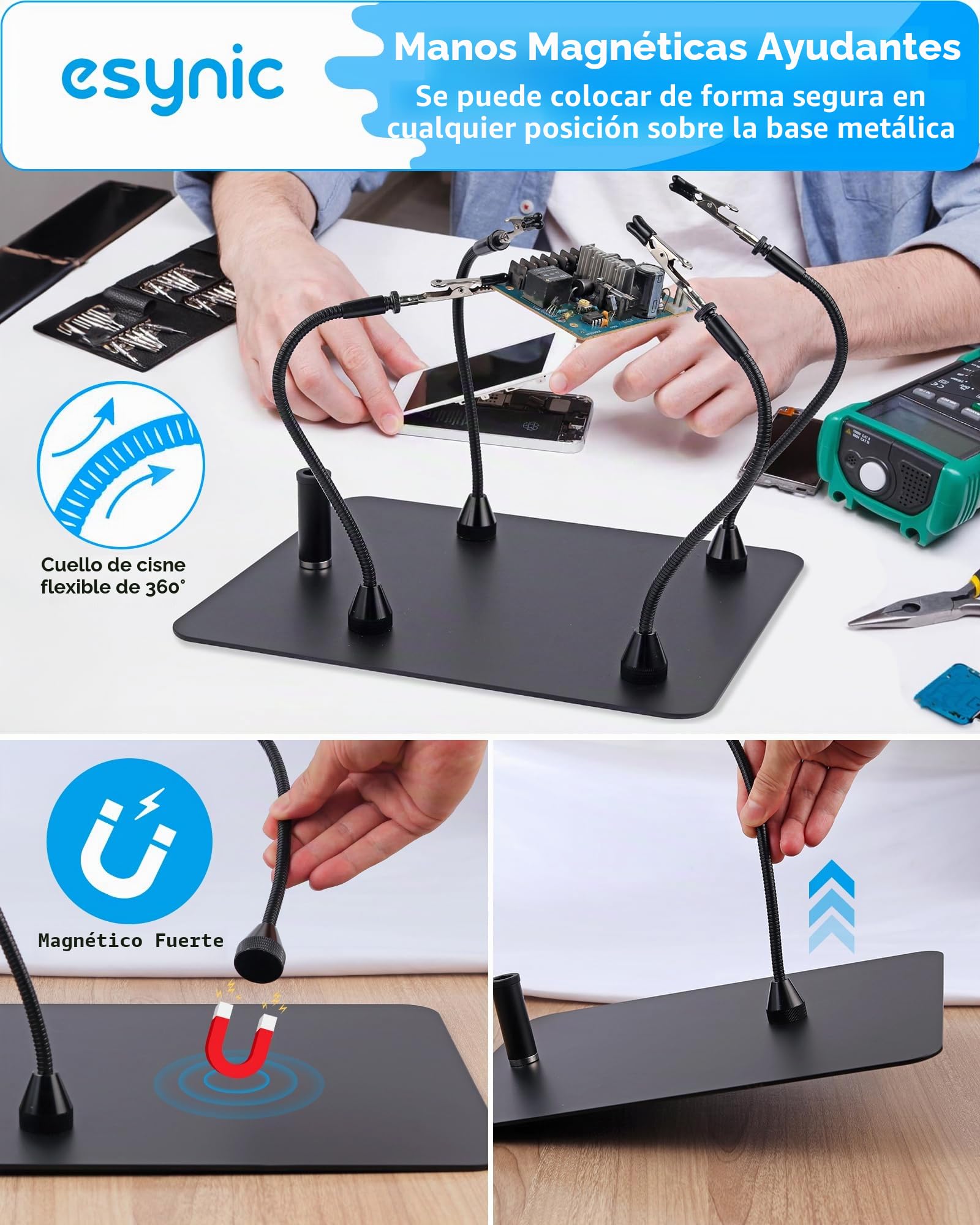 eSynic Lupa de Escritorio 8X con 72 Luces LED 2 en 1 Lámpara de Aumento con 10 Brillos Ajustables y 3 Colores, Rotación de 360°con 4 Fuertes Columnas Magnéticas y 4 Pinzas para Manualidades