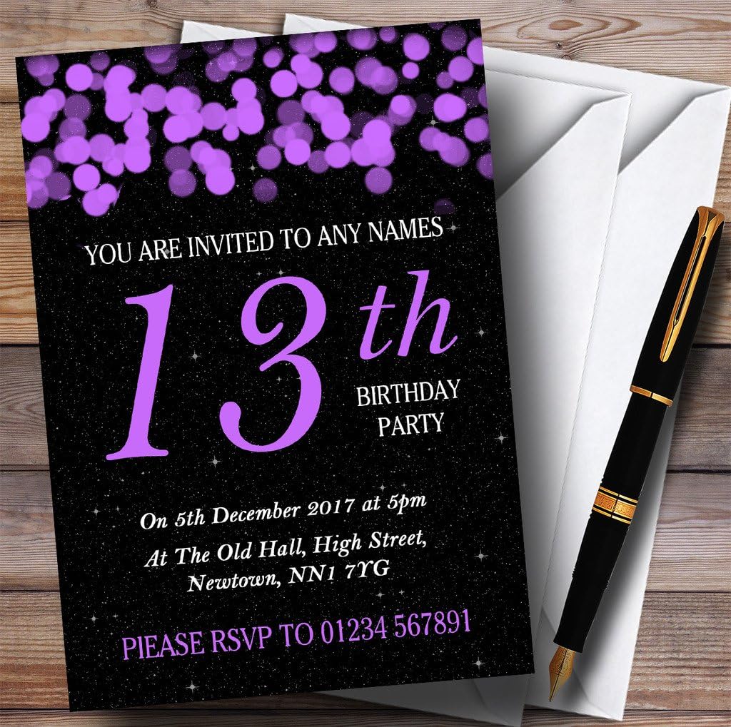 Purple Bokeh & Stars 13th Personalized Birthday Party Invitations