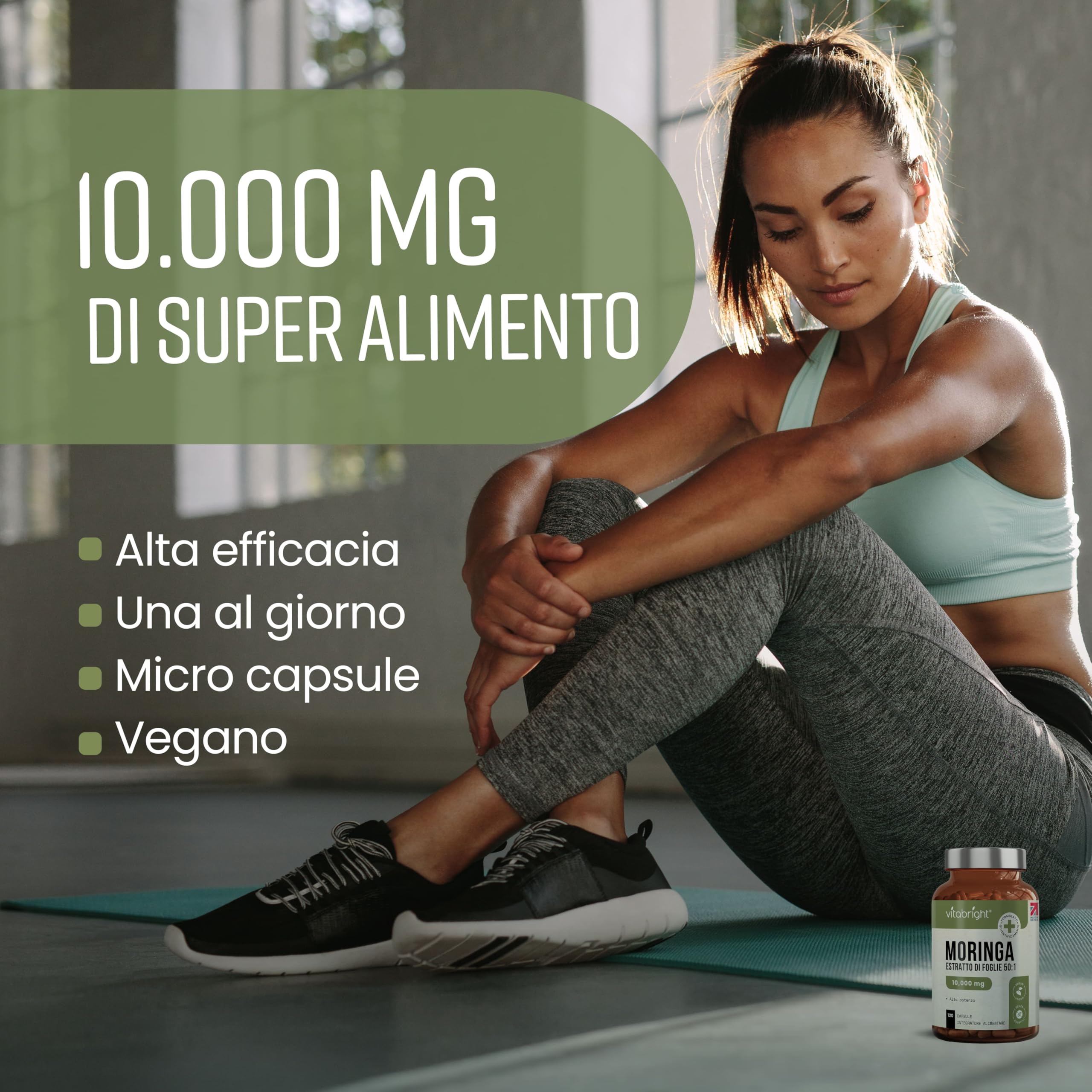 Capsule di Moringa Pura | Alto Dosaggio 10.000 mg | 4 Mesi – 1 al Giorno | Senza Additivi | Capsule di Superalimento Vegano in Polvere | Estratto Puro di Foglia di Moringa | VitaBright