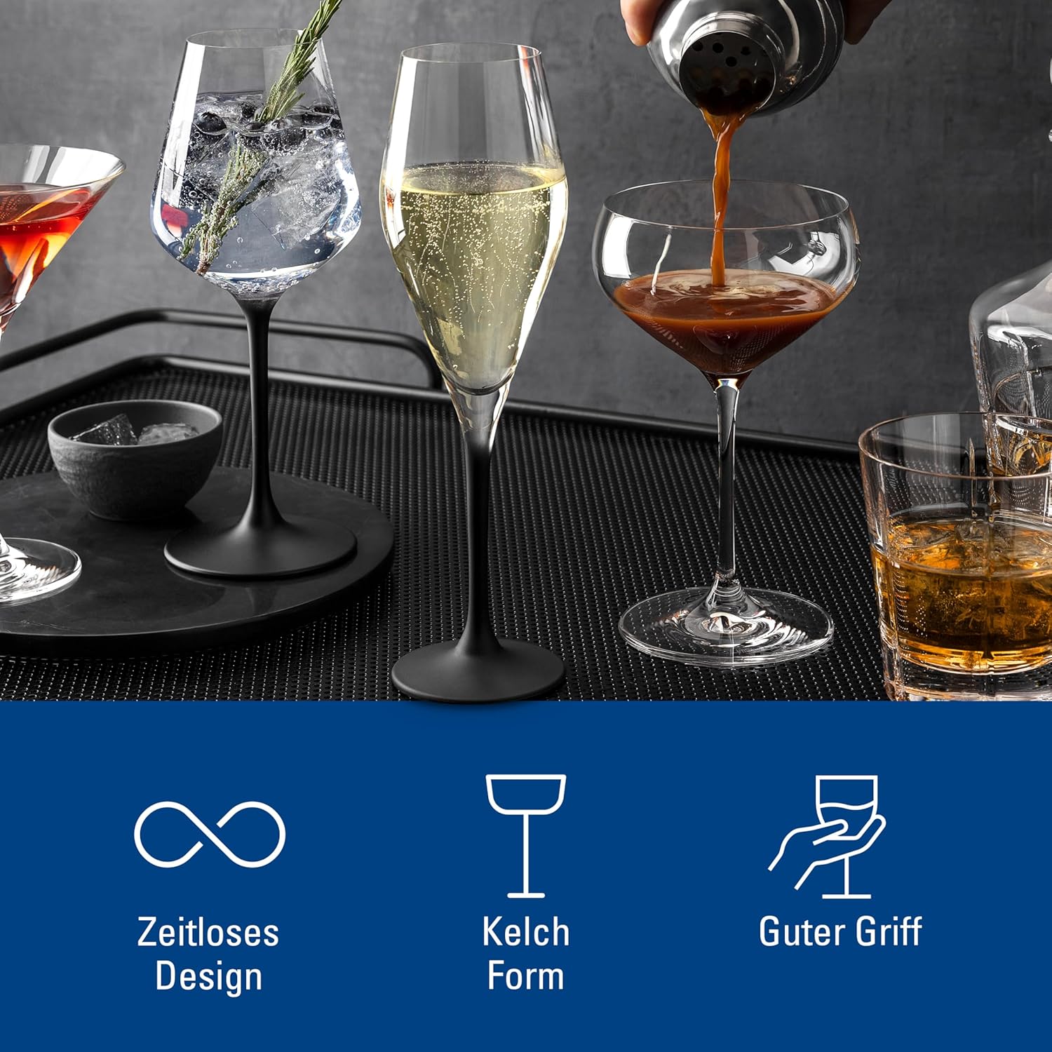 Villeroy & Boch Manufacture Rock Set of 4 Elegant Crystal Glass Champagne Flutes Dishwasher Safe Black