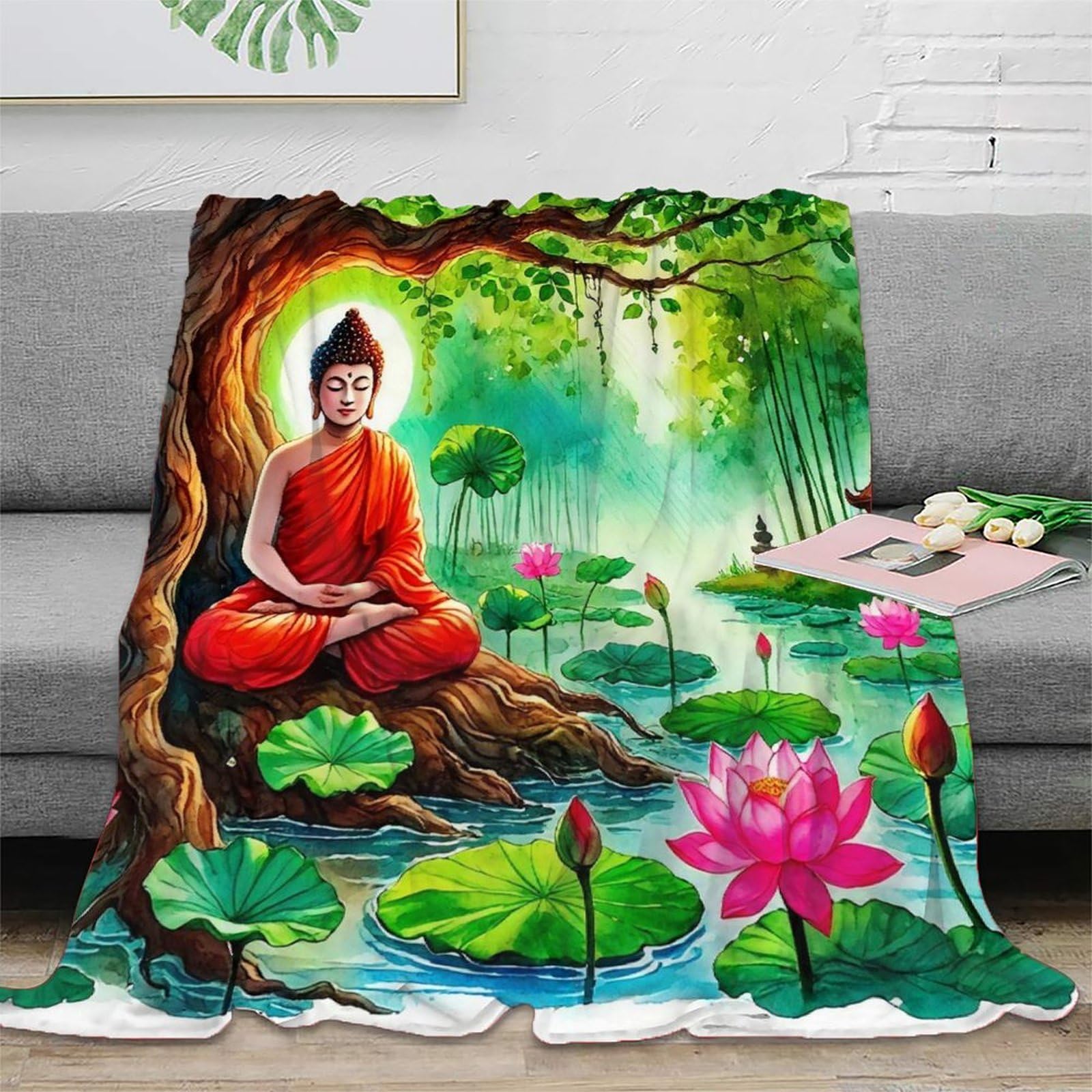 Couverture de lit Bouddha 3D plaid microfibre chaud pour canapé 127x152cm