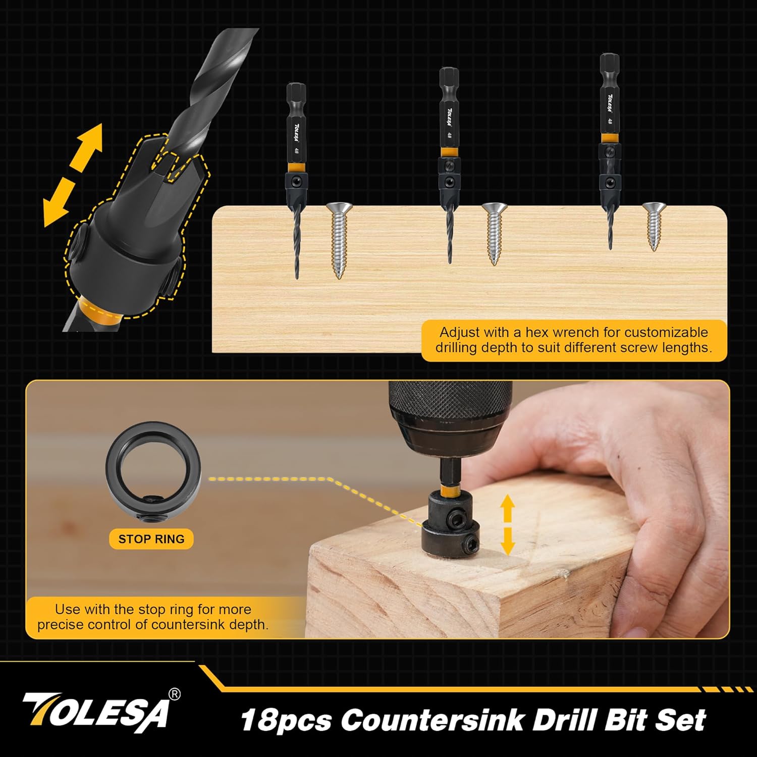 TOLESA Countersink Drill Bit Set, 18 PCS Tapered Counter Sink Drill Bit for Wood with 2PC Wood Plug Cutters, Magnetic Extension Bit Holder, Screwdriver Bits, 1/4" Hex Shank with Storage Box