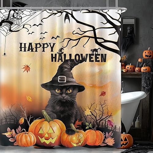 Miniatura 4 de Cortina de ducha divertida de calabaza con gato de Halloween para baño, vacaciones, araña, divertida decoración de bañera