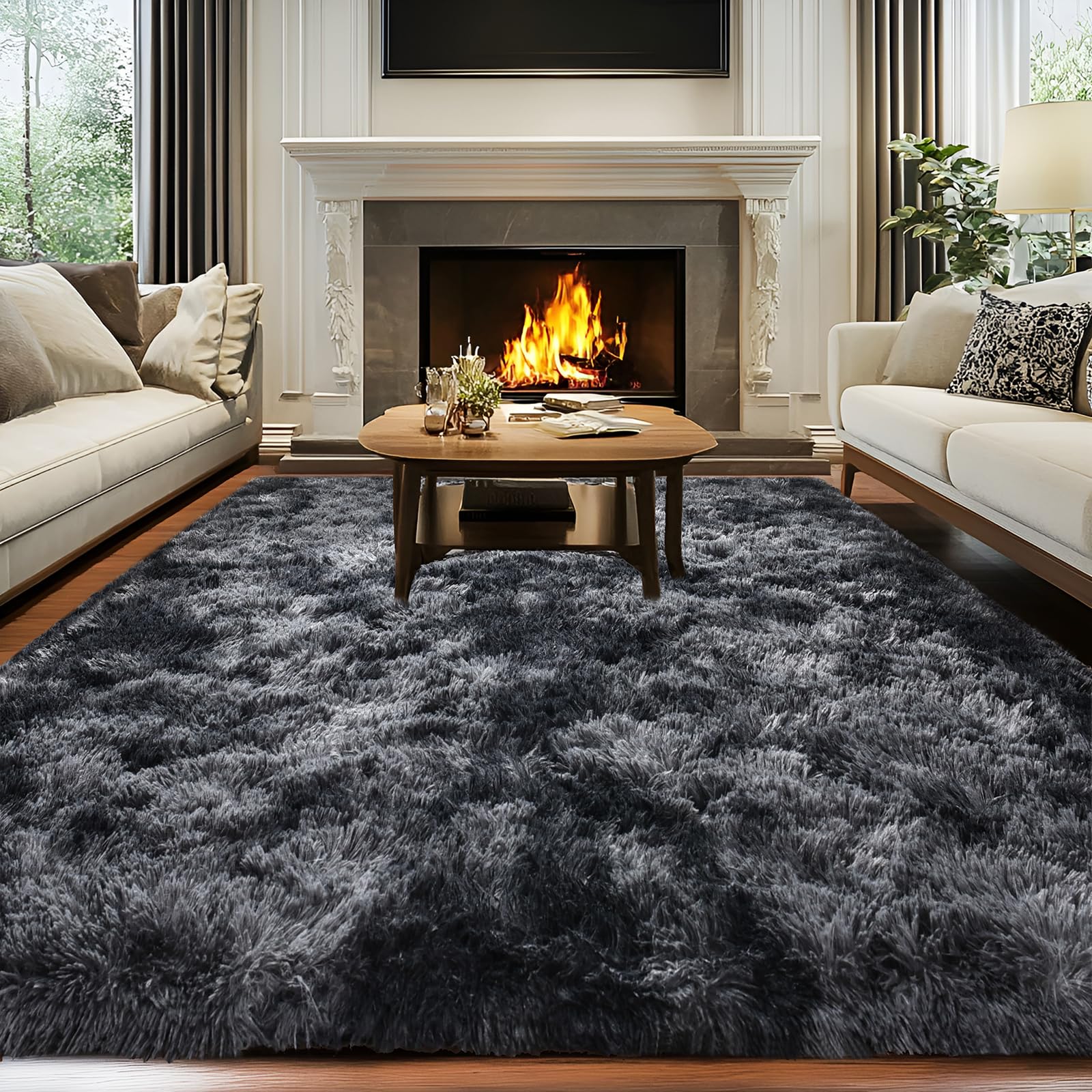 Fluffy Shag Area Rug for Bedroom Living Room, 5x7 Soft Cozy Indoor Shaggy Carpet for Boys Kids Room Nursery Dorm Classroom, Non-Slip High Pile Modern Solid Color Thick Rug, Tie-dye Dark Grey