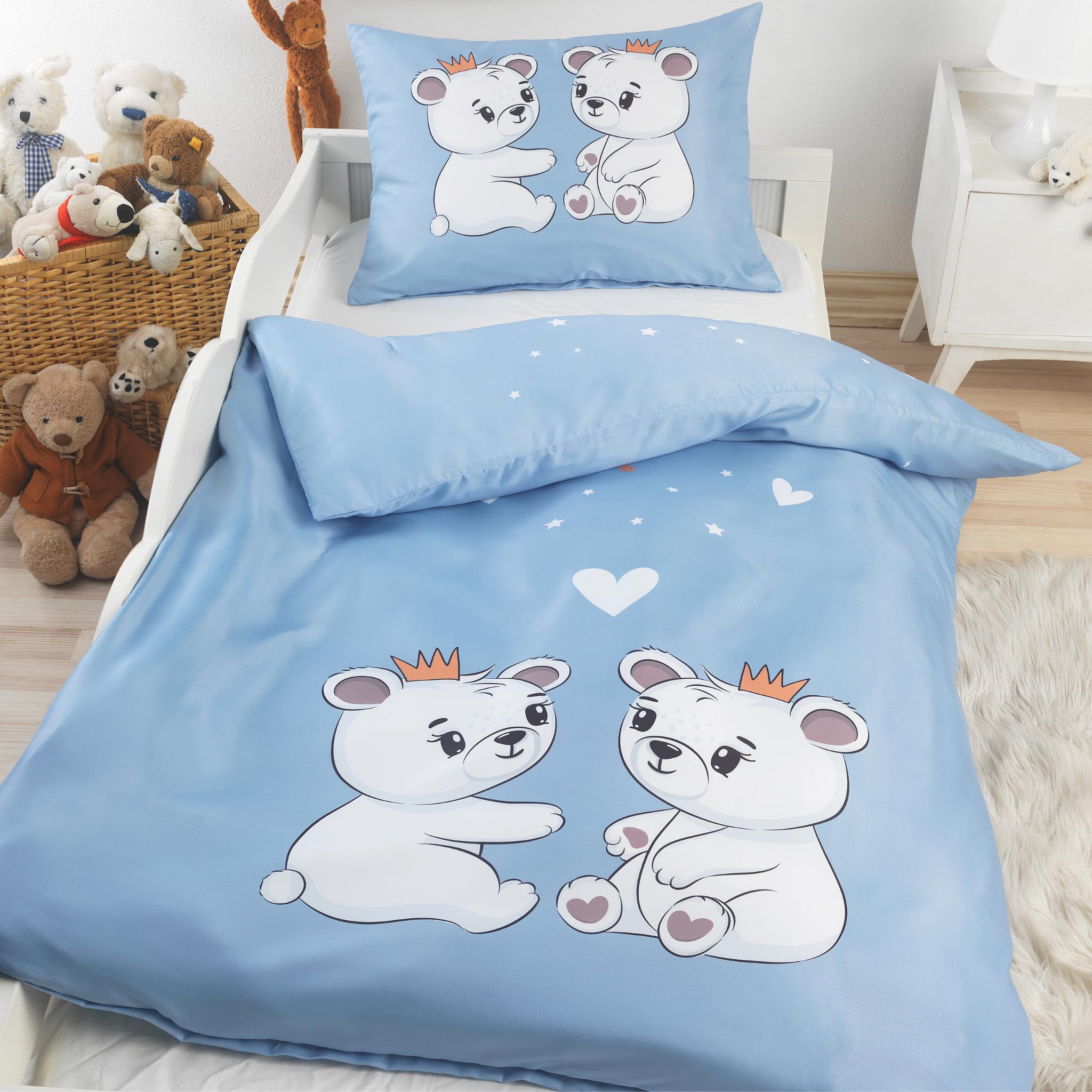 BaSaTex Kinder Baby Bettwäsche Set für Mädchen und Jungen | 100x135 cm + 40x60 cm | 100% Baumwolle Renforcé | Reißverschluss | Bärenfreunde