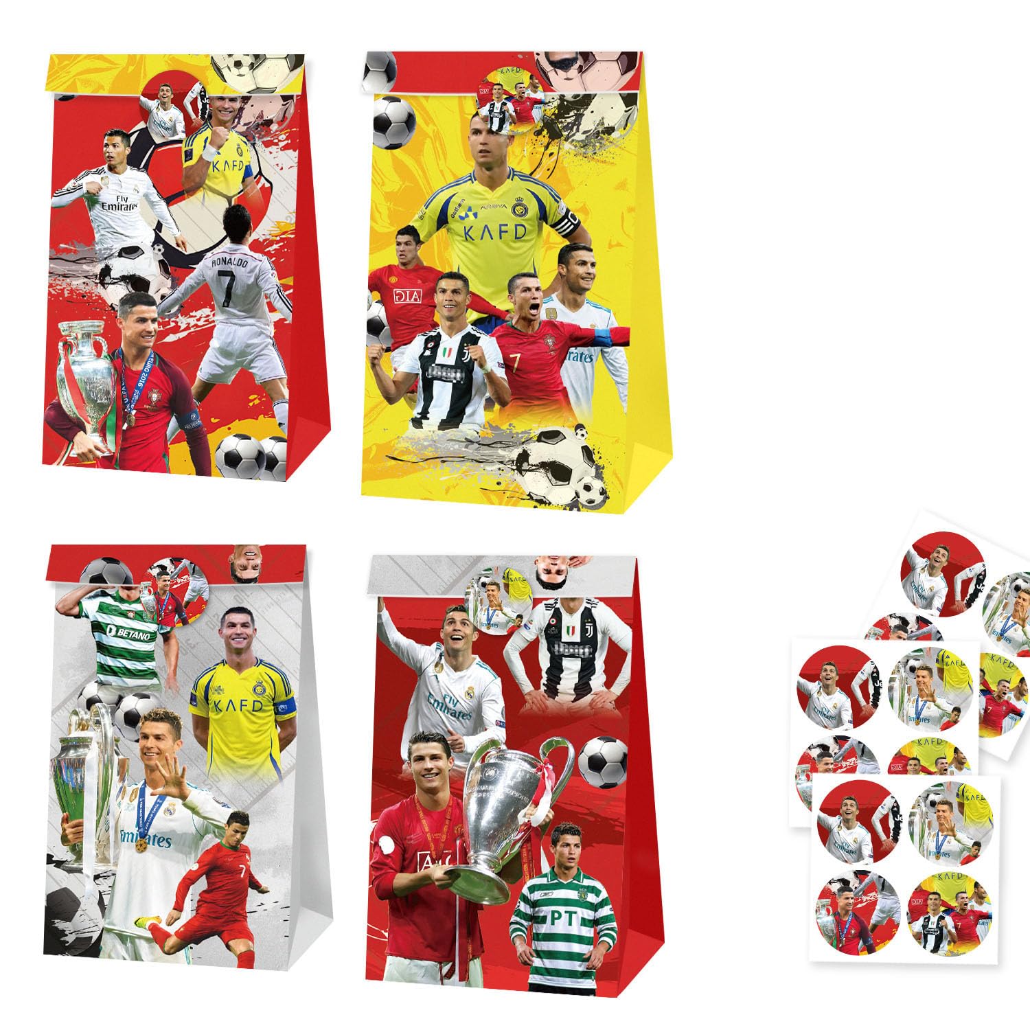 12 Pcs Football CR7 Party Bags Paper (With 12 Themed Stickers), Birthday Gift Bags, Birthday Party Supplies