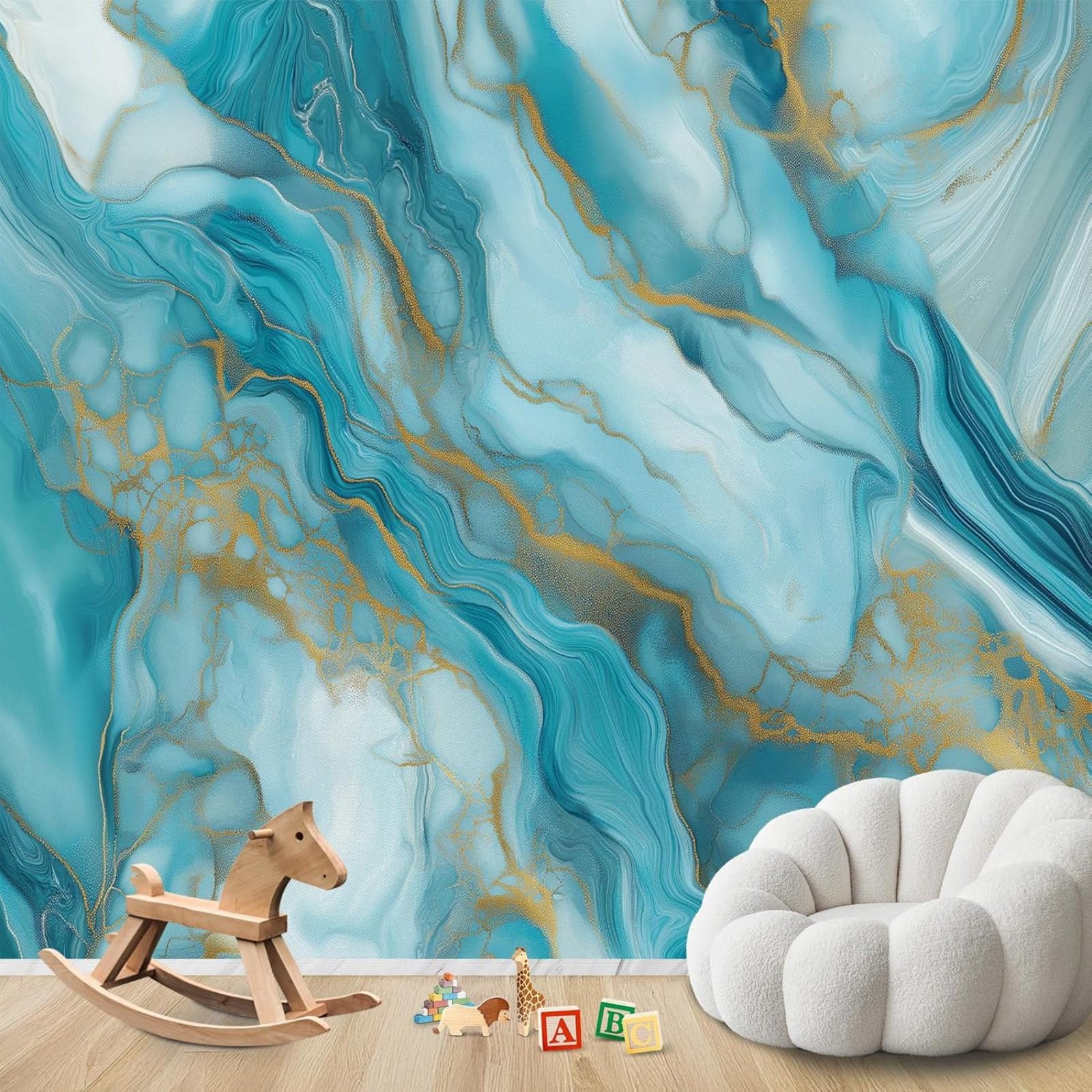 Kfjhgbdshhj 3D Mural Photo Wallpaper Marble Look Blue Gold Abstract Non-Woven Modern Living Room Bedroom Children's Room Decoration Motif Wallpaper,350Cmx256cm Wall Sticker - Background Wall - Painting - Poster