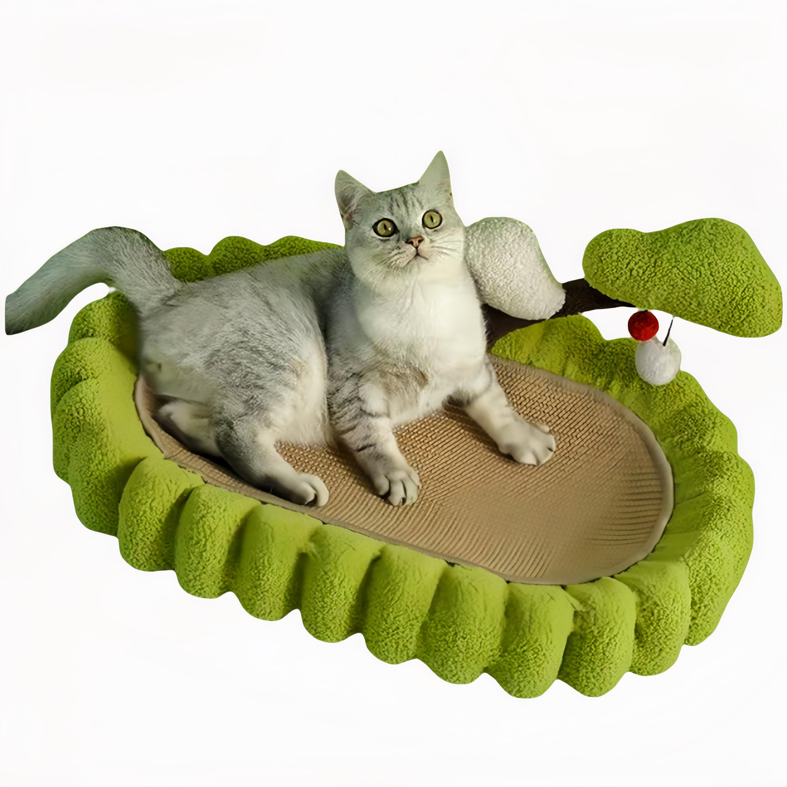 FlarePaws Hand-Woven Sisal Cat Scratcher Bed, 3-in-1 Functional Design with 2 Pompom Toys, Green Small Tree Design Scratch Post & Lounge, Durable Furniture Protector for Indoor Cats (Green, 25.6in)