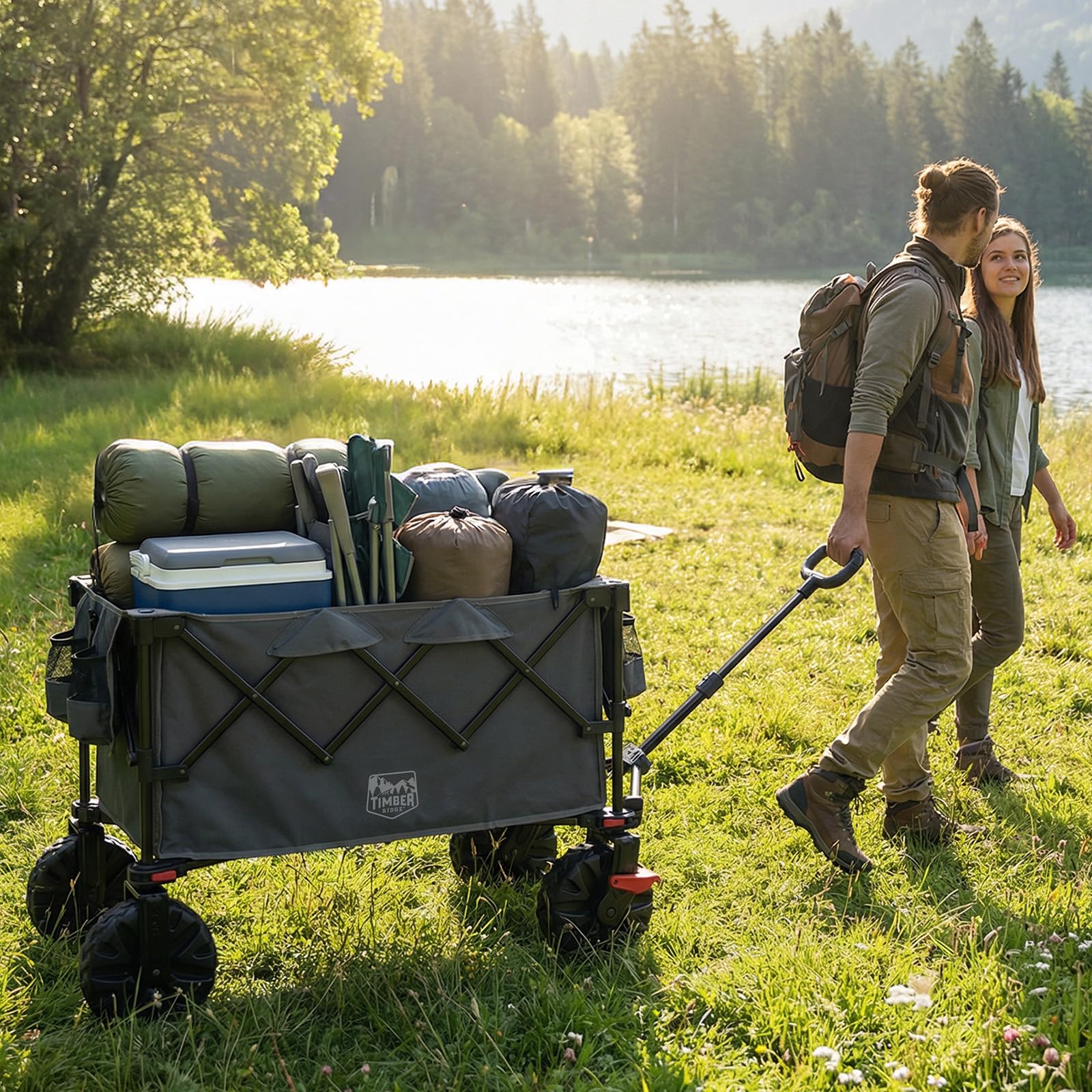TIMBER RIDGE Carrello pieghevole XXL, 250 L, larghezza con freni, carico 150 kg, con portabevande per campeggio, shopping, giardino