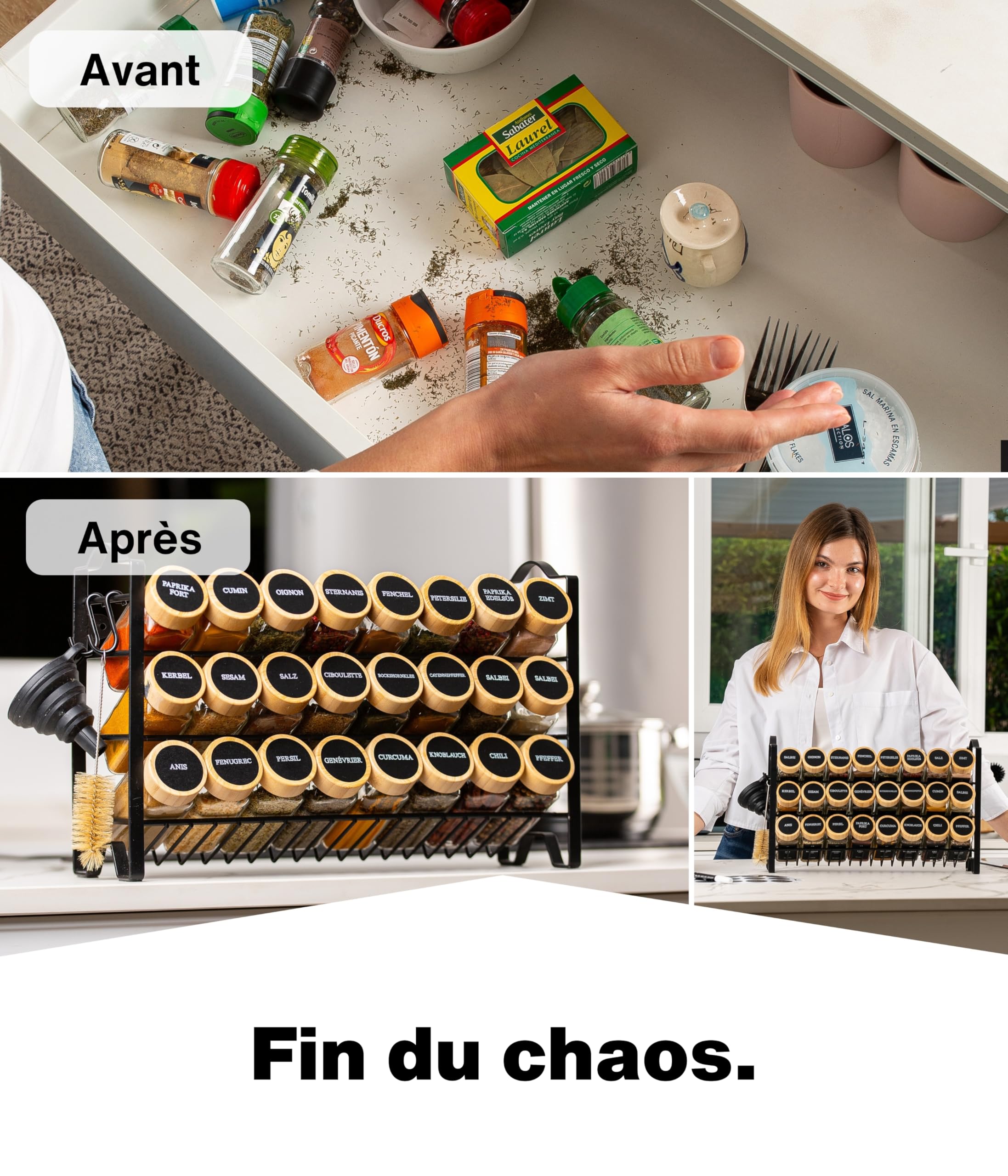 Deco haus® Étagère à Épices & Bocaux - Rangement et Organisation de Cuisine & Maison - Métal, 3 Niveaux - 24 Pots 48 Étiquettes 1 Brosse 1 Entonnoir & Crochets - Autoportante/Murale - Noire
