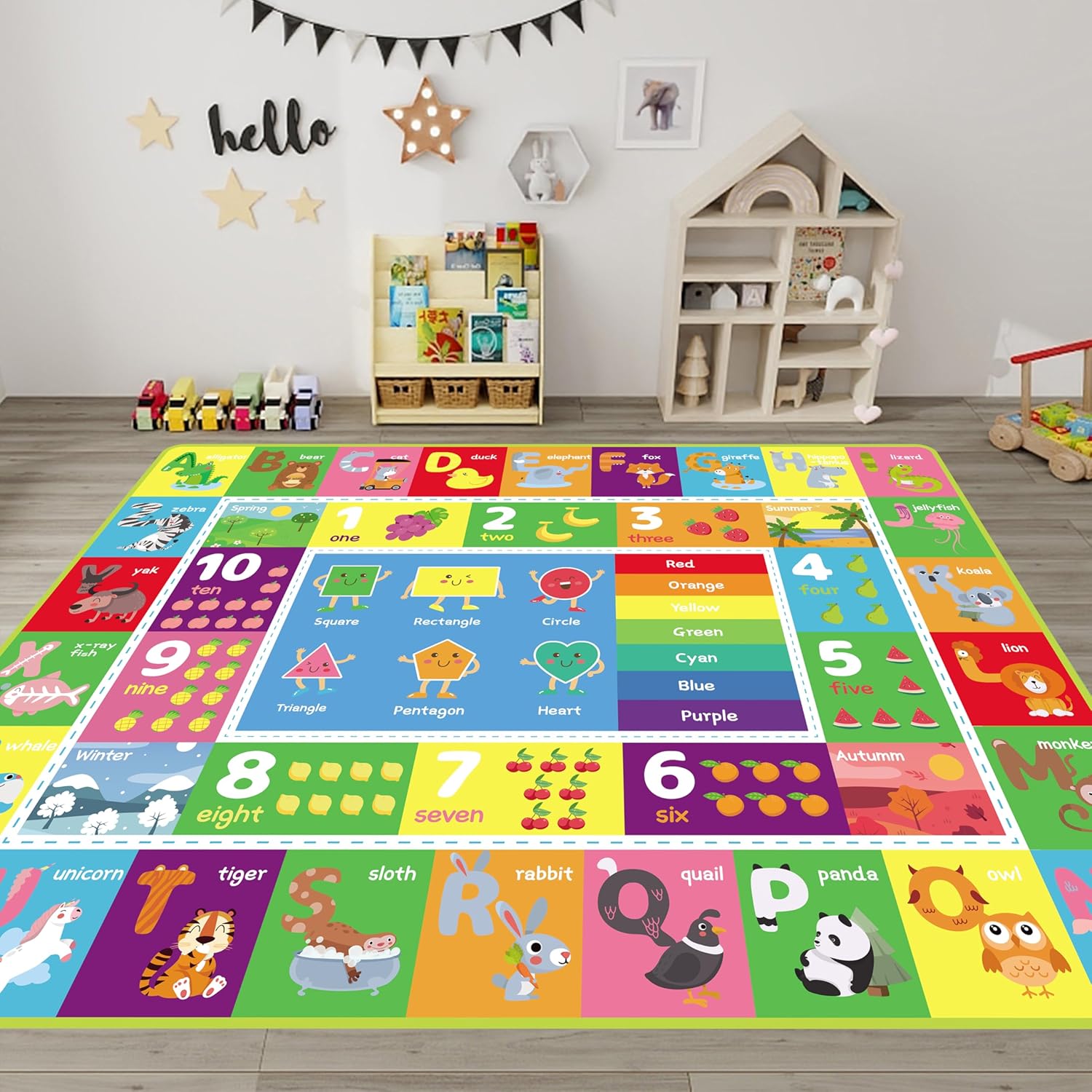 ABC Kids Rug, Cute Educational Kids Rug for Playroom, Non Slip Classroom Carpet for Learning ABC Animal, Number, Month, Shape and Color, Playmat for Nursery Baby (Blue, 5 x 6.6 feet)