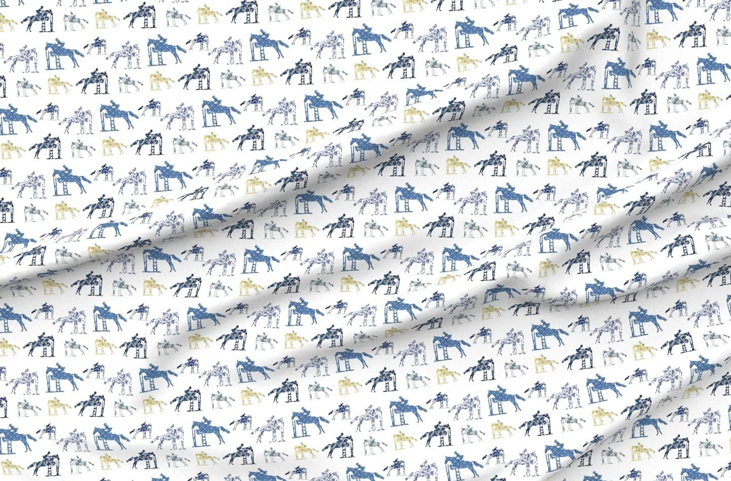 Spoonflower Fabric - Delft Equestrian Hunter Horse Pony Blue White Printed on Organic Cotton Sateen Fabric by The Yard - Sewing Quilting Apparel Home Decor