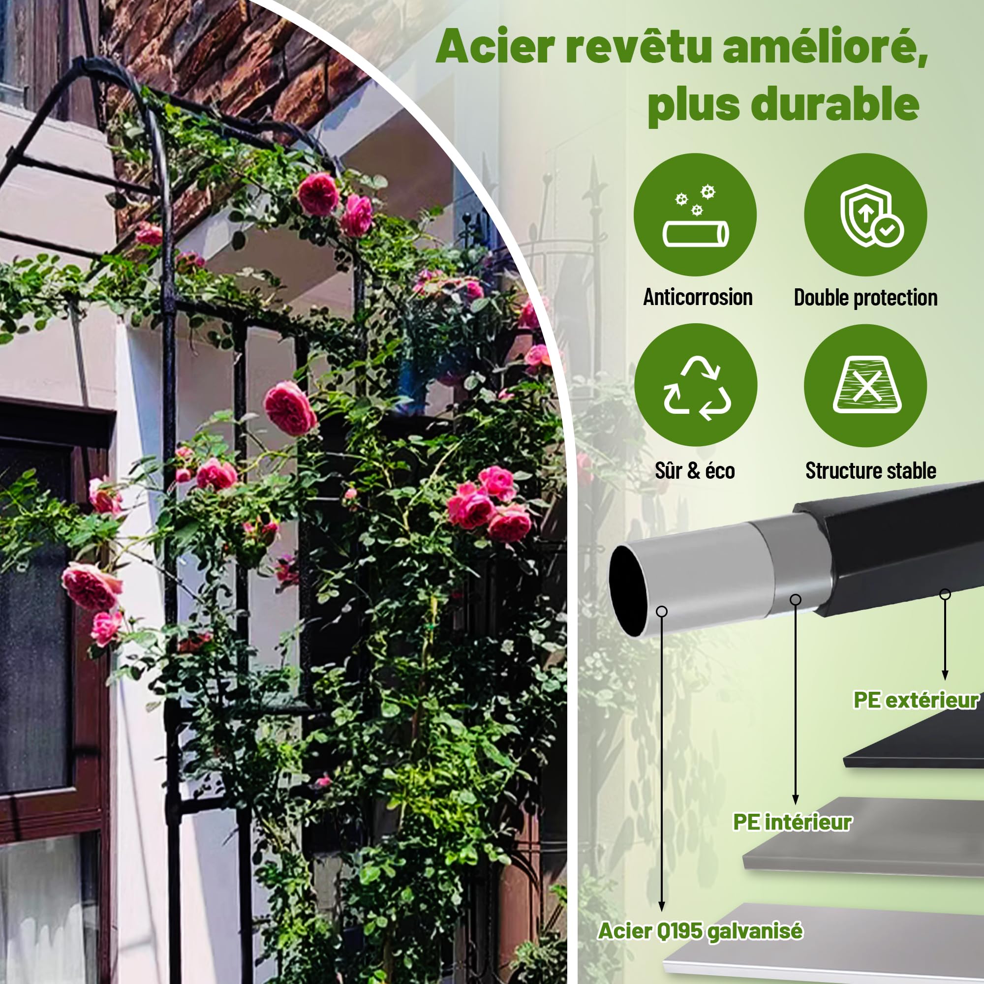 Caroeas Demi Arche de Jardin pour Plantes Grimpantes,120x240x40cm，Arceau Métallique pour Rosiers, Tonnelle Décorative Extérieure, Résistante à la Rouille et à la Décoloration
