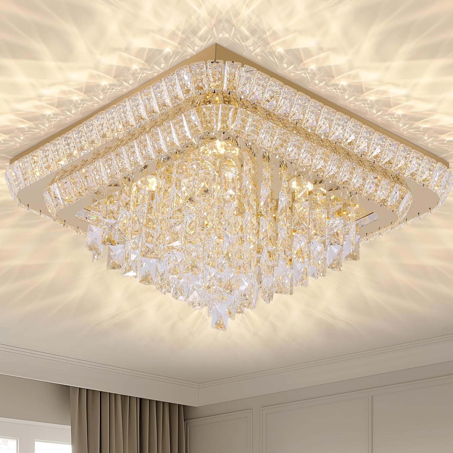 Miuyhji Elegant LED Gold Crystal Raindrop Ceiling Light,24 Inch Square Flush Mount Chandelier with Remote for Living Room Kitchen Island Bedroom Hallway Entryway Foyer (Dimmable)