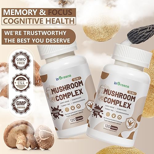 Miniatura 5 de Suplemento de hongos 12 en 1, cápsulas complejas de suplemento de melena de león, cola de pavo, hongo reishi, cordyceps, Ashwagandha orgánica,