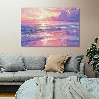 ピンクインテリア 海の風景 テクスチャーアート 海の絵 海 海アート Amazon.co.jp: 絵画 ピンクの海の夕日インテリア 絵画 静かな海
