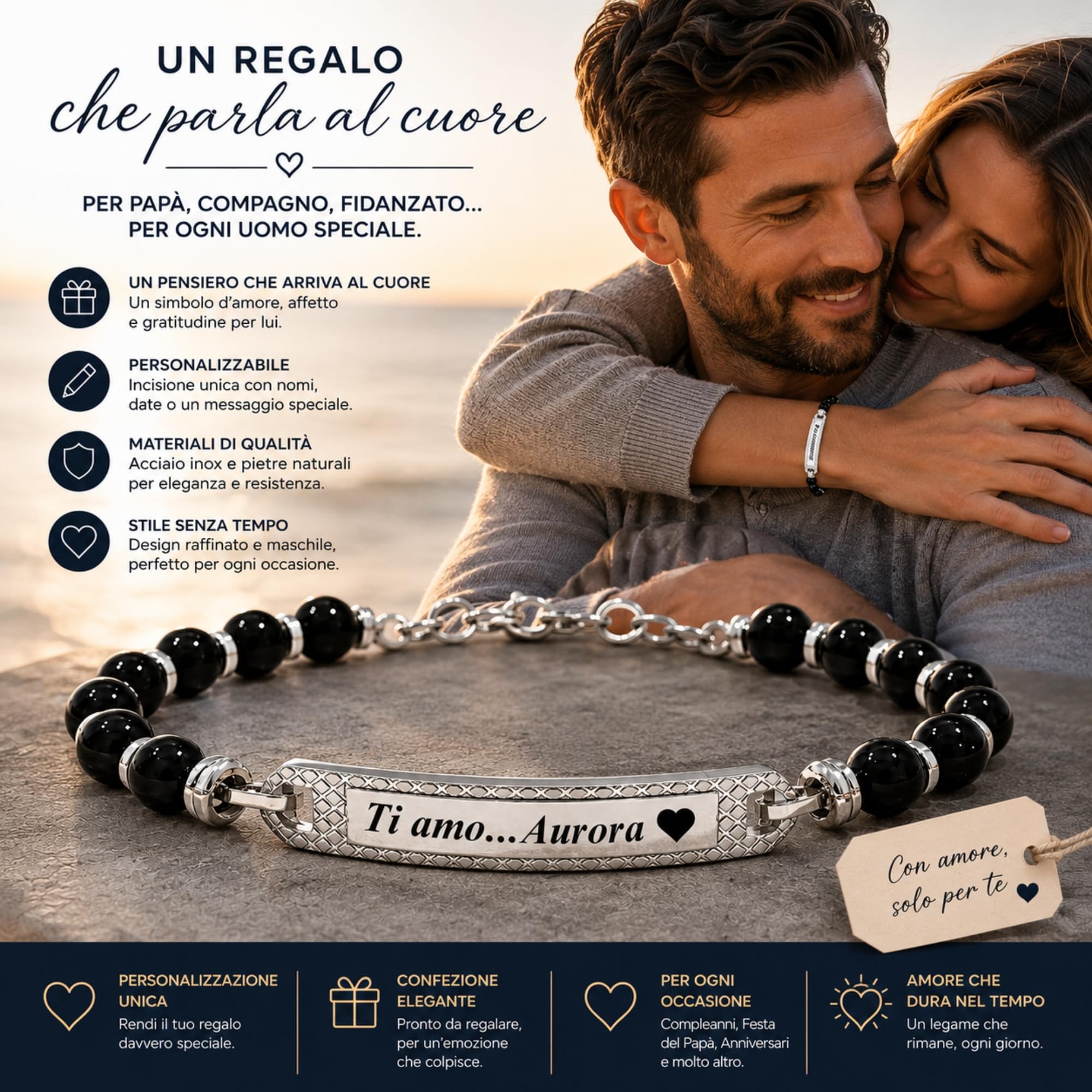 Bracciale Uomo Personalizzabile con Incisione in Acciaio Inox e Pietre Dure Onice Nera – Gioiello Maschile Personalizzato con Frasi e Date – Idea Regalo Uomo