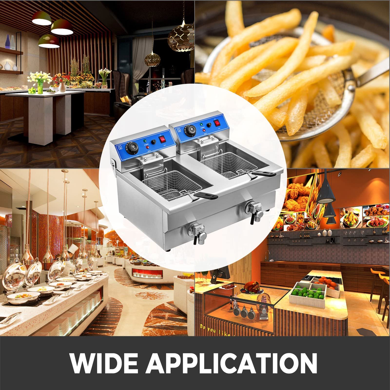 Friggitrice elettrica professionale fritte 6000 W 20 L doppio serbatoio + 2 rubinetti, in acciaio inox, per uso commerciale ristoranti supermercati fast foods snack bar
