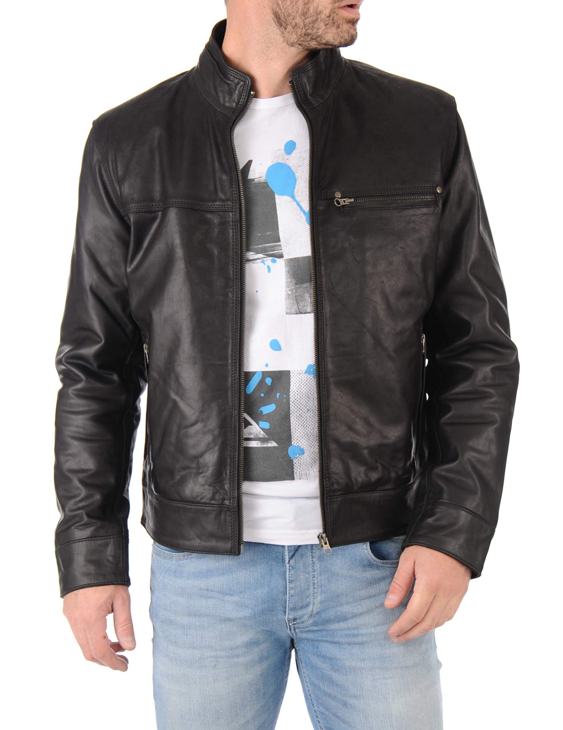 Azrah 100% Leather Jacket for Men - Round Collar Slim Fit - Moto
