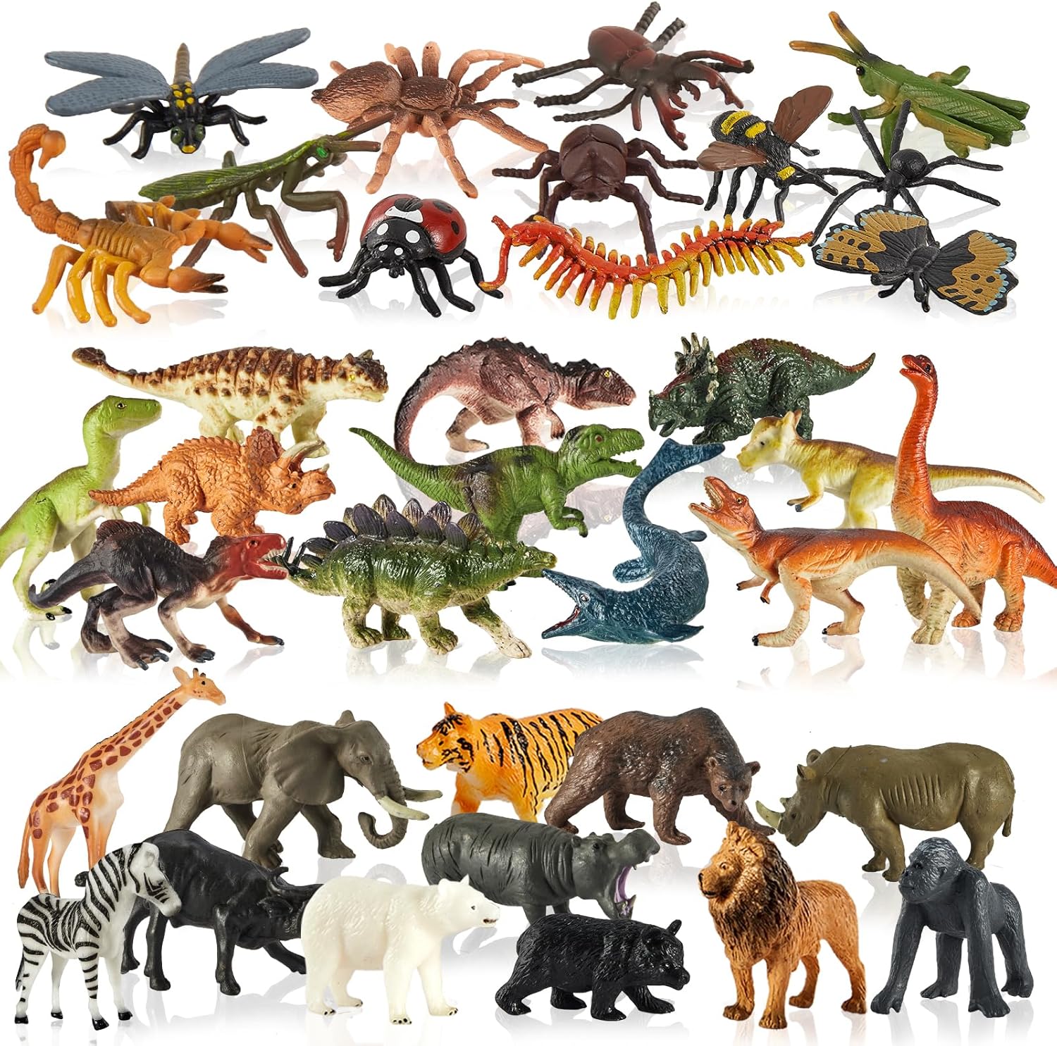 HYAKIDS 12 Dinosaur Toys, 12 Ocean Animals Toys, 12 Zoo Animals, Plastic Mini Animals Set, Cake Topper Party Favor Gifts for Kids, 36 PCS