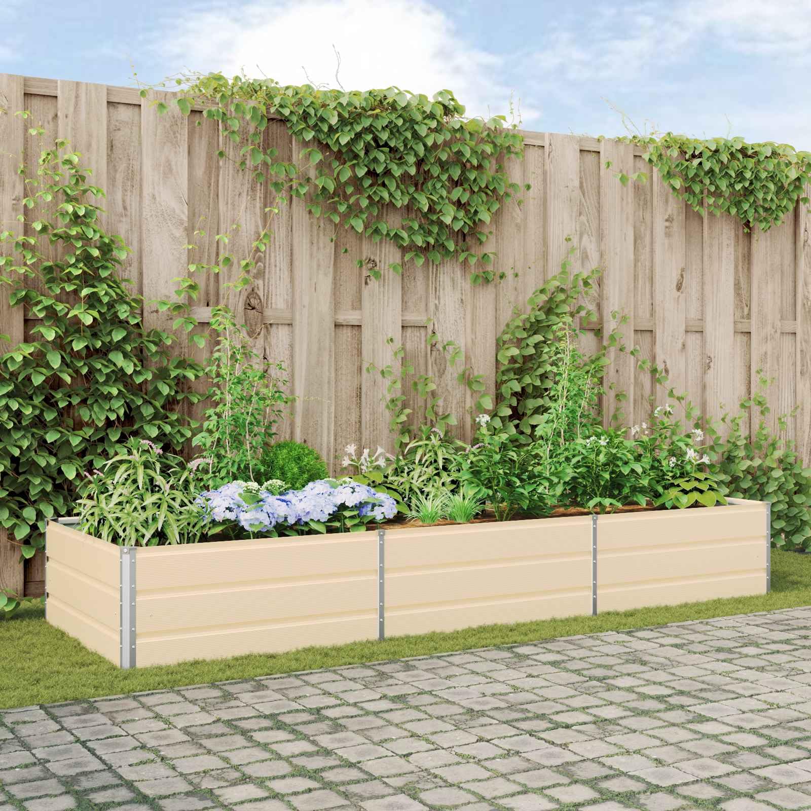 Macetero marfil 290 x 100 x 45 cm, bancal alto de acero galvanizado para jardín y terraza, gran jardinera impermeable para flores y hierbas, diseño moderno