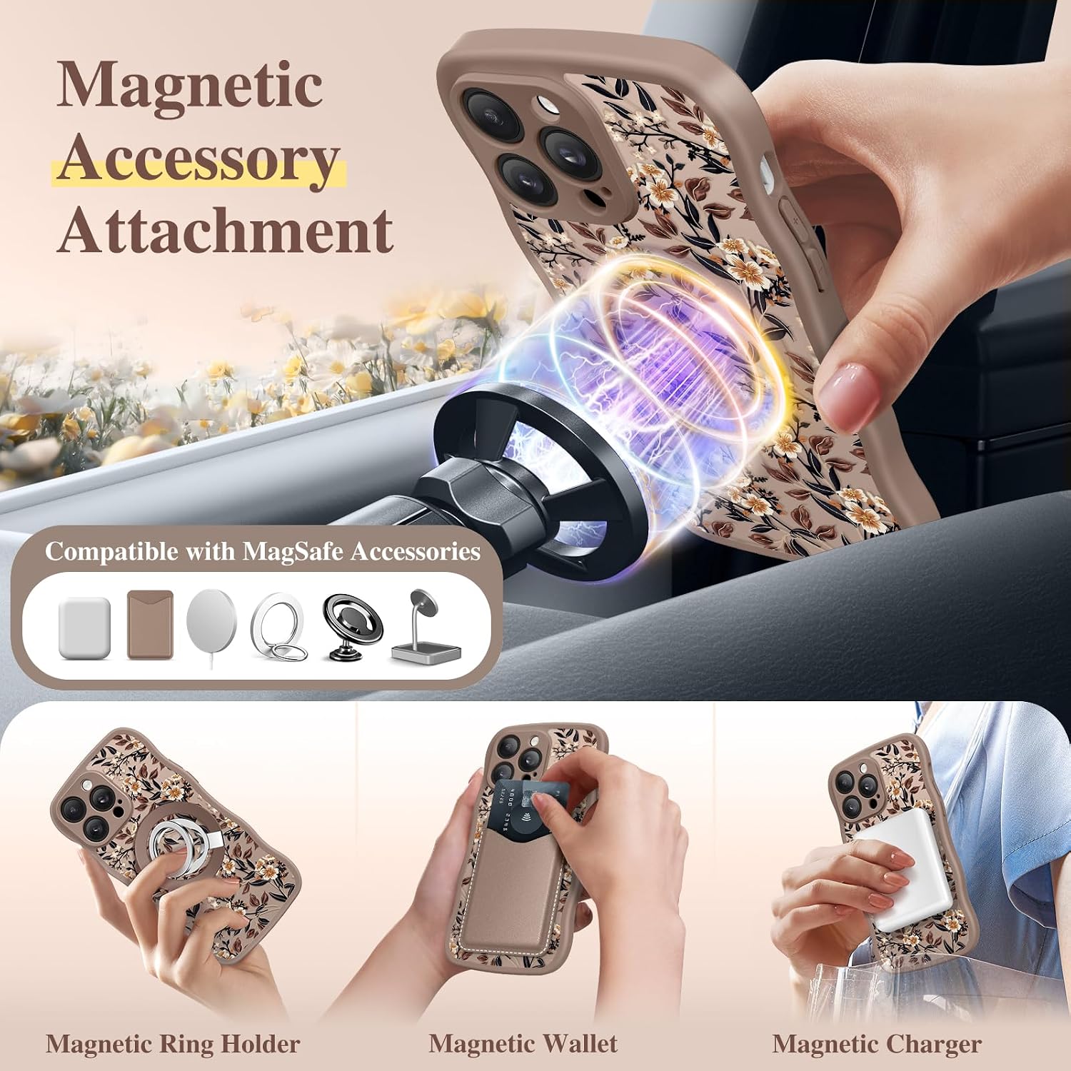  for iPhone 14 Pro Case Compatible with MagSafe Curly Wave Edge | Full Camera Protection, Floral Translucent, Shockproof Magnetic, Women Phone Case for 14 Pro, Bunchflower/Brown thumbnail