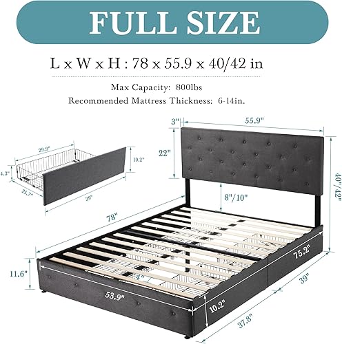 Miniatura 74 de HOOMIC Base de cama de almacenamiento de plataforma de tamaño matrimonial con 4 cajones y cabecera ajustable, listones de madera, no necesita Negro,