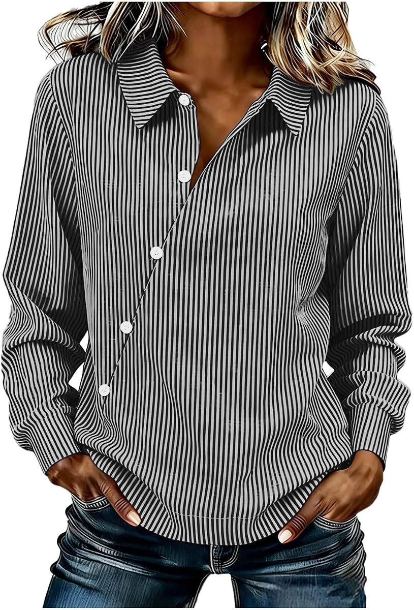 Tops de manga larga para mujer Ropa de primavera Camisas informales con cuello de rayas y cuello con botones Blusas de vestir Túnicas holgadas