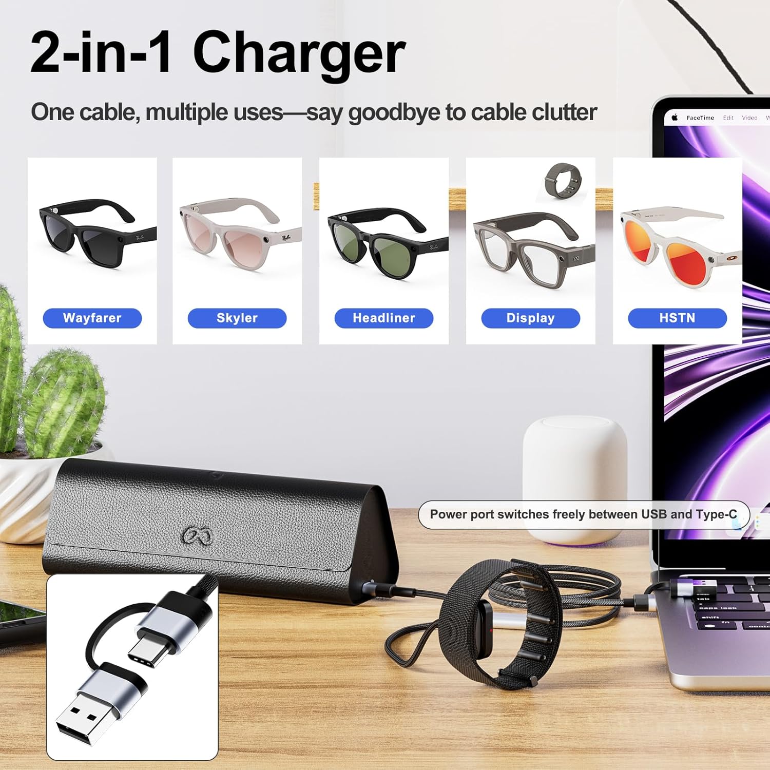 Magnetic Charger for Meta Ray-Ban Display Glasses, TanReginal 2-in-1 Accessories for Meta Ray-Ban Display & Neural Band, Fast Snap-On Magnetic Charging Cable with Overvoltage/Overheat Protection