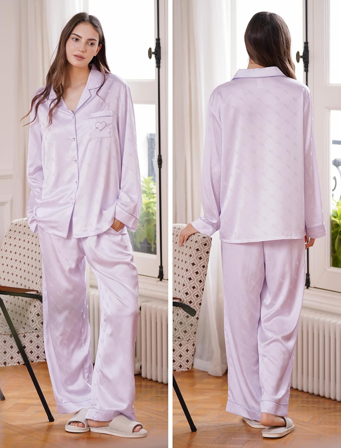 ONIONYOU Satin Pajama Set for Women 2 Piece Long Sleeve Button Up Silky PJ Sets Loungewear Soft Satin Sleepwear with Pocket - Image 5