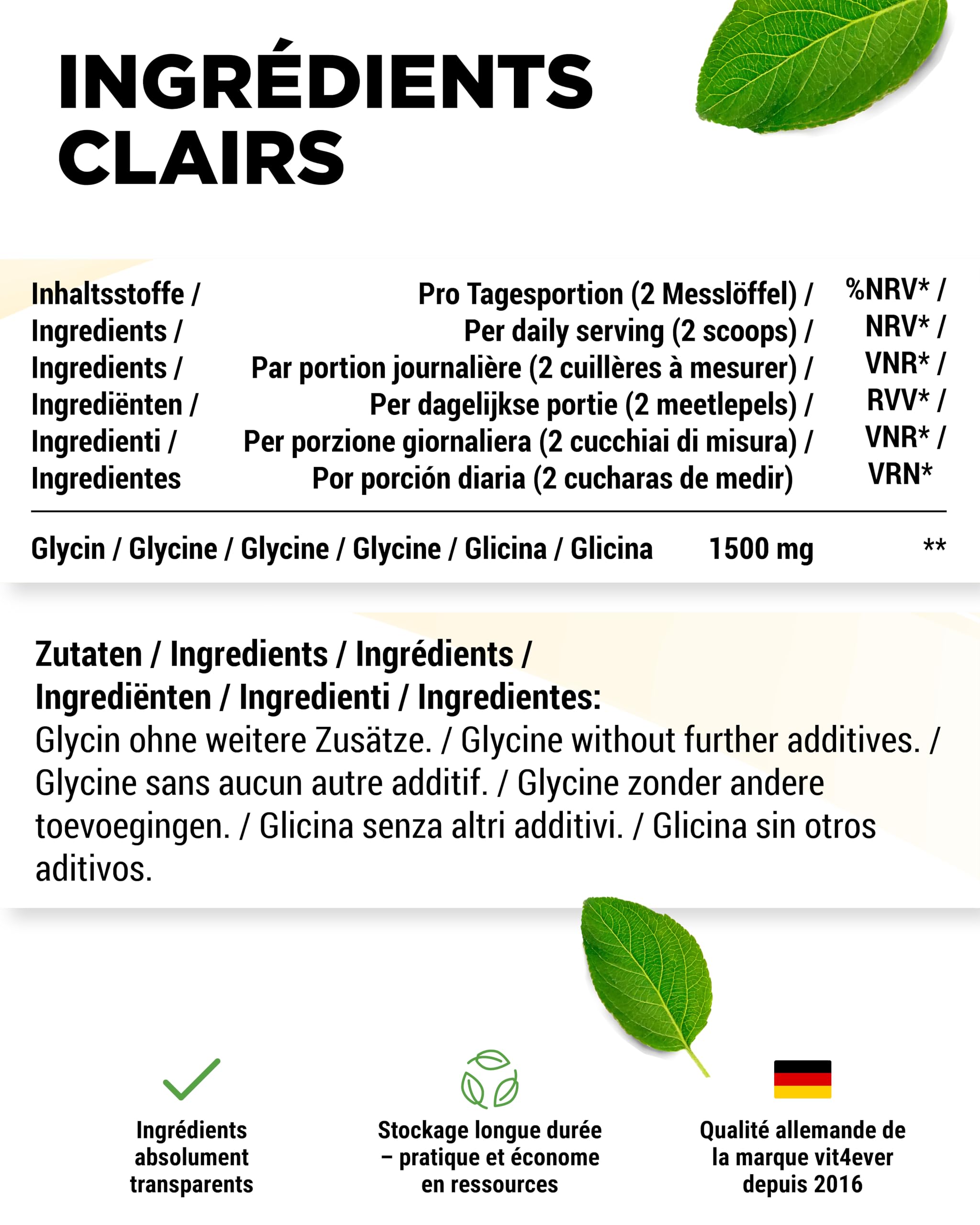 vit4ever Glycine Pure - 1000 g (1 kg) de Poudre Pure sans Additifs - Avec Cuillère Doseuse - Acide Aminé L-Glycine Dosé de Manière Optimale, Naturellement Doux - Vegan