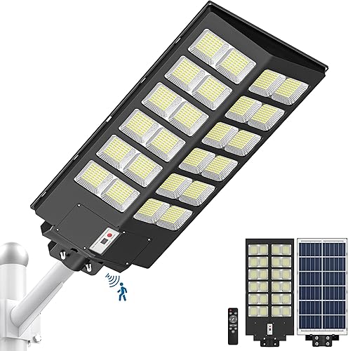 A-ZONE Luz solar de calle de 1500 W, sensor de movimiento para exteriores, 6500 K, 120000 lúmenes, luces solares para exteriores, al anochecer al