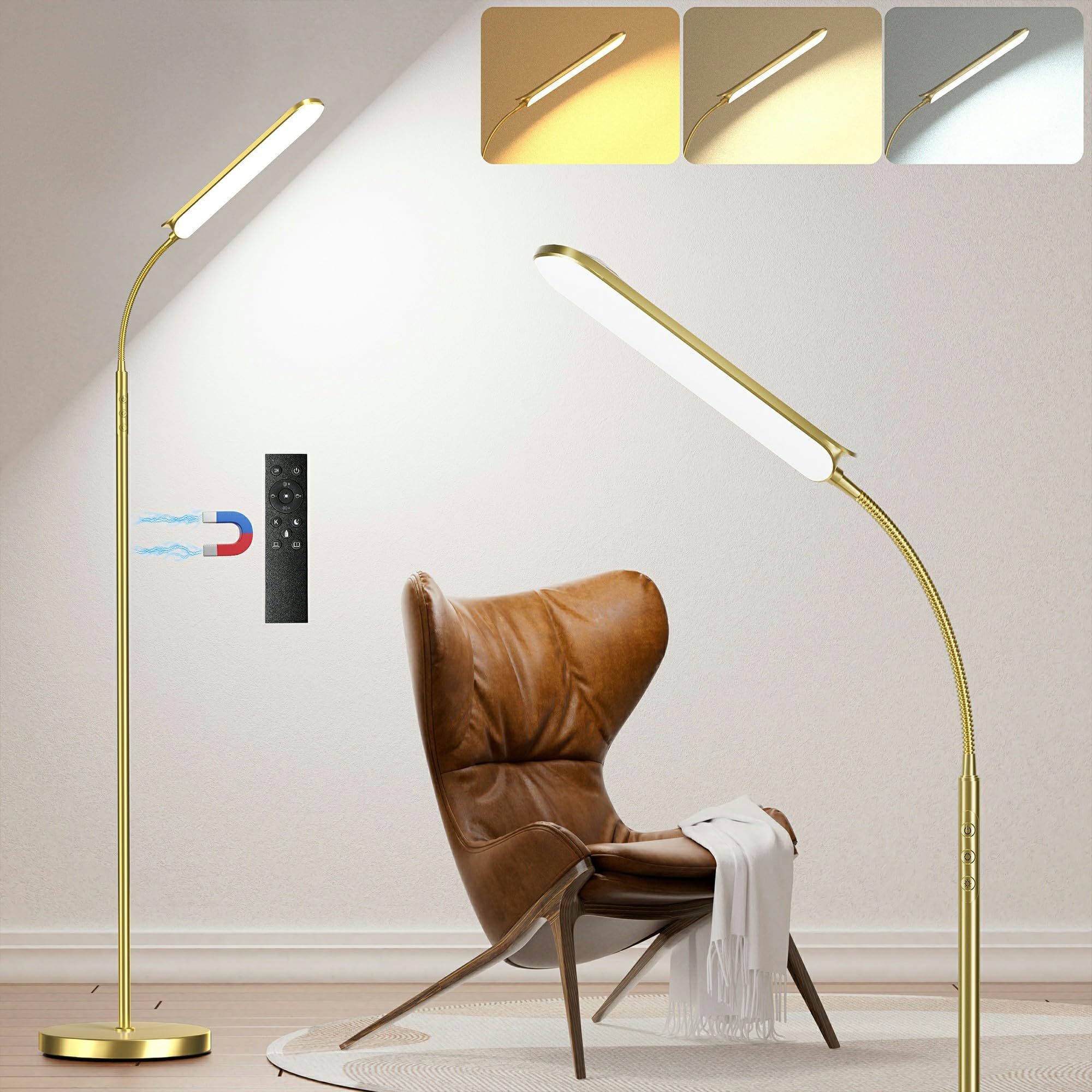 LED Floor Lamp 18W 1800LM, Dimmable Floor Lamps for Living Room with Remote & Touch Button, Custom Color Temperatures, Reading Standing Lamp for Bedroom with Timer & Memory Function, Brassed Gold