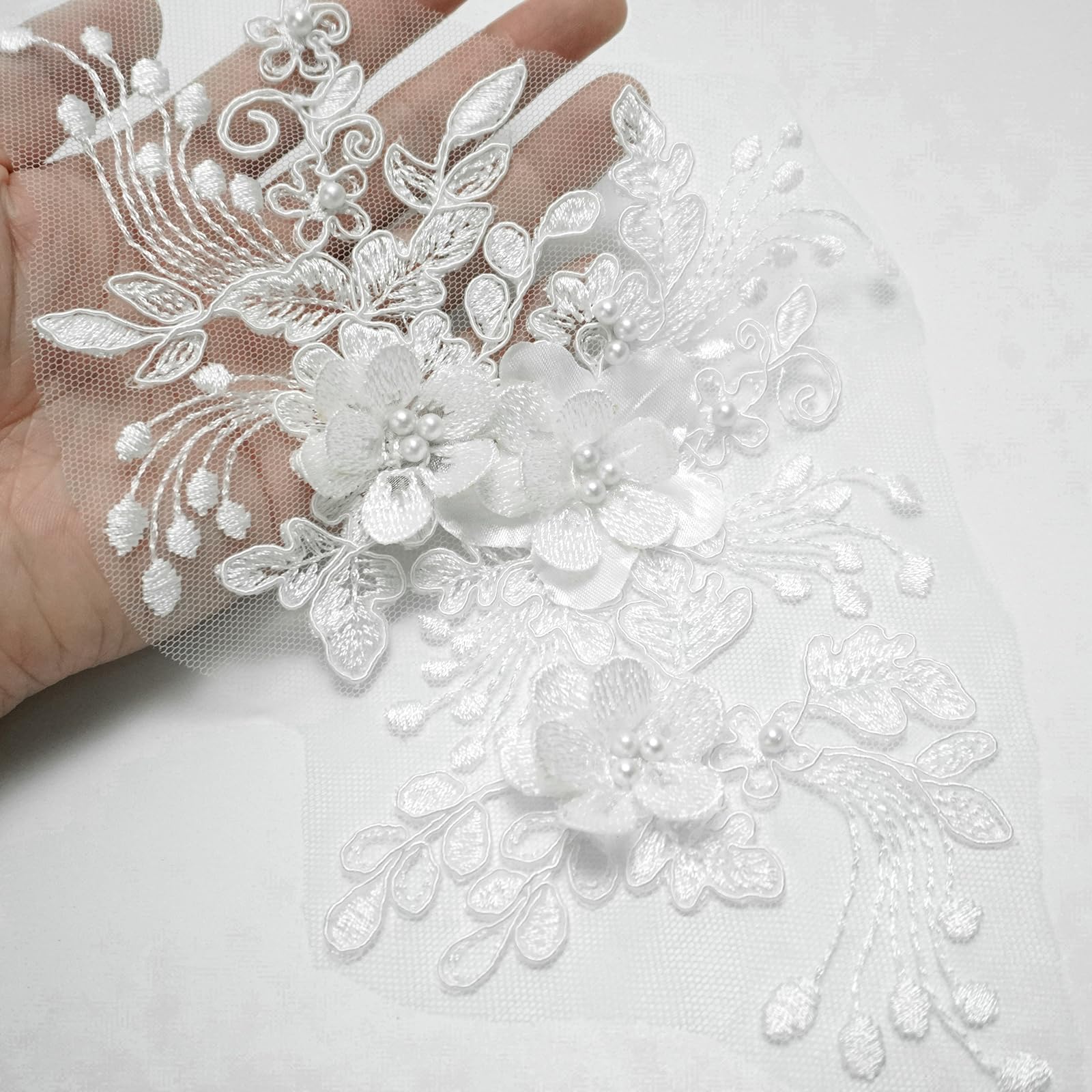 2Pcs Flower Lace Embroidered Appliques – Pearl Embroidered Fabric Patches For Wedding Dresses & DIY Crafts - View #11