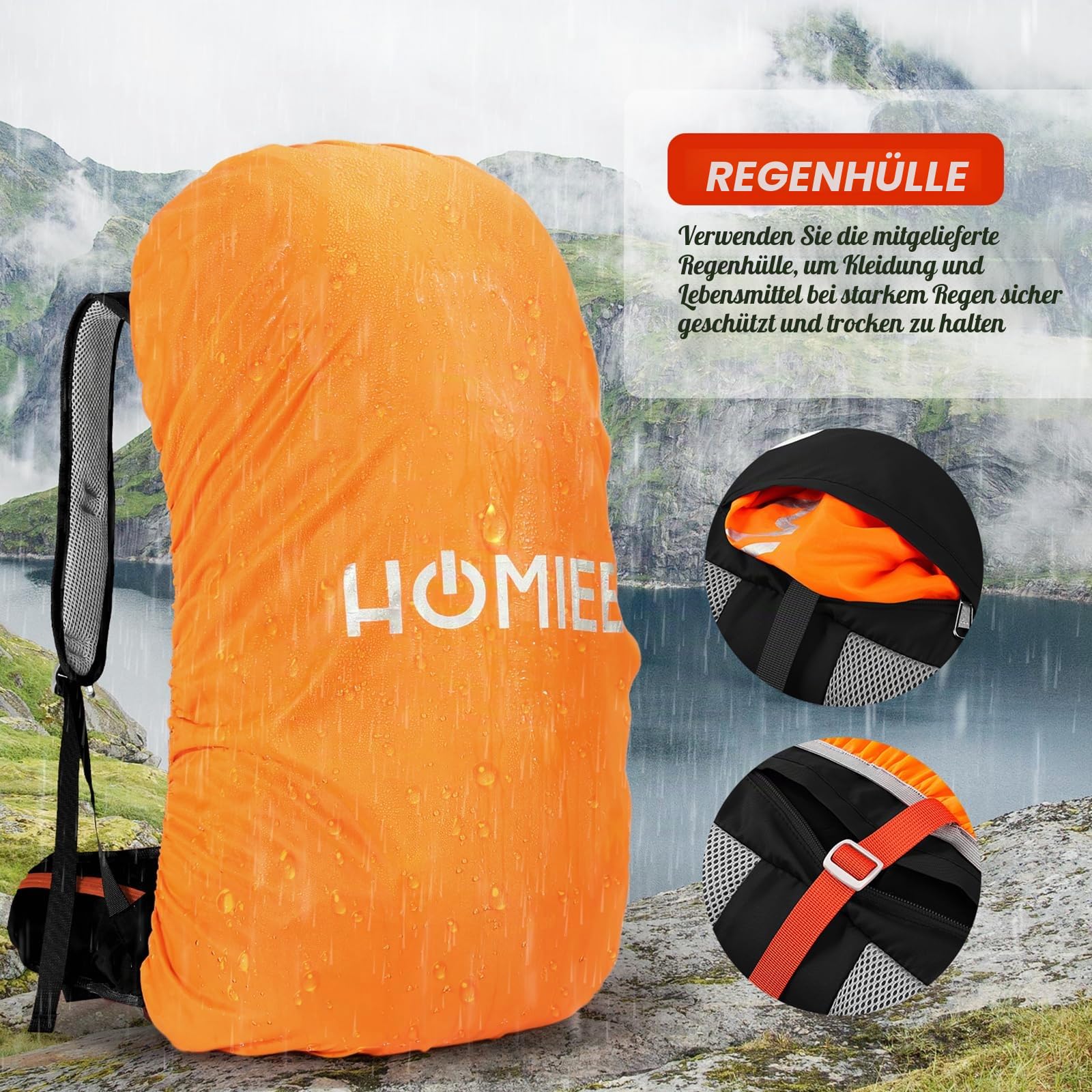 HOMIEE Wanderrucksack Herren Damen 45L Wasserdichter Rucksack Leichter Trekkingrucksack Groß Reiserucksack Sportrucksack mit Reflexstreifen für Campingplätze Radfahren Bergsteigen Reisen