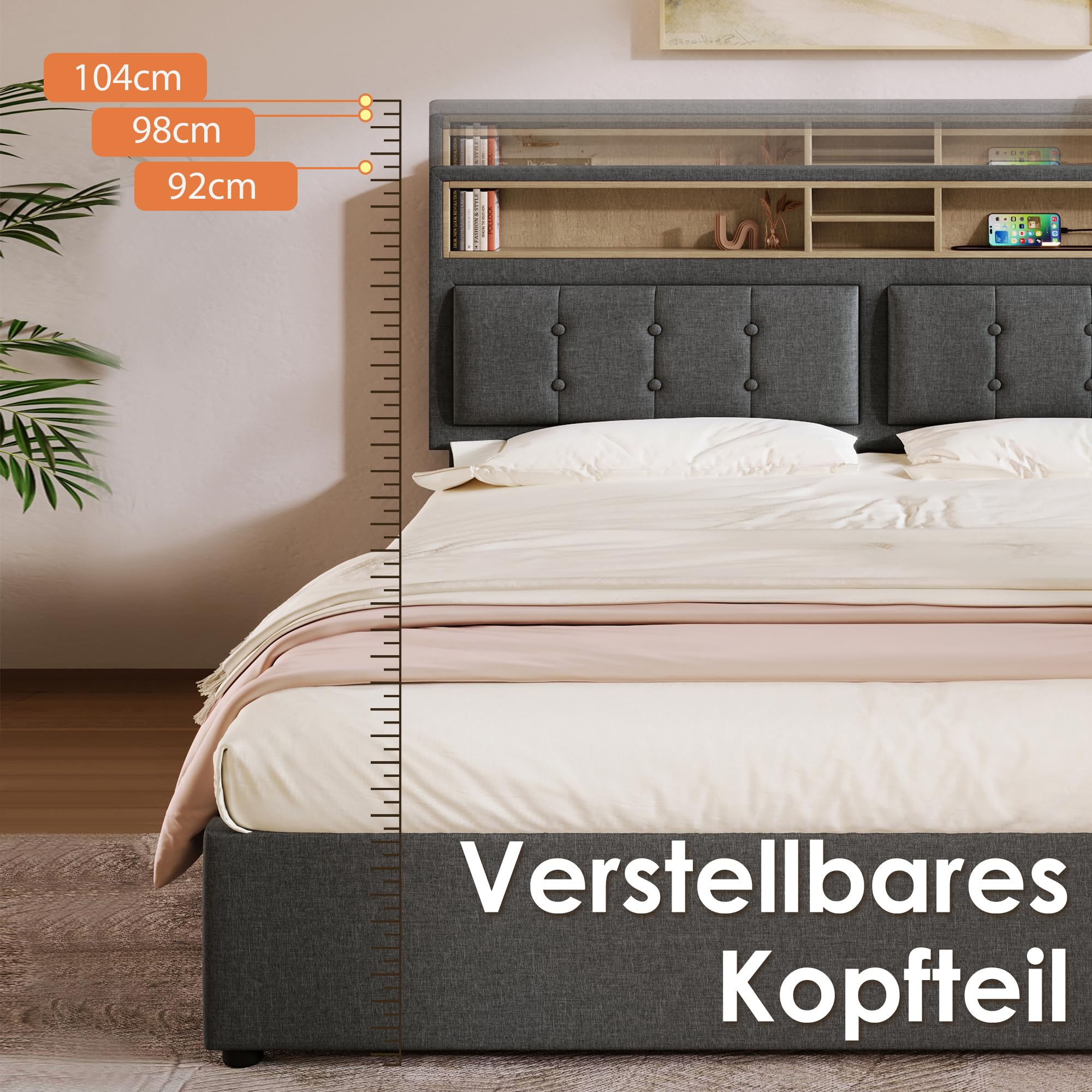 Gestoffeerd Tweepersoonsbed, 140 X 200 Cm, LED, Opbergruimte En Lattenbodem Fluweel Grijs