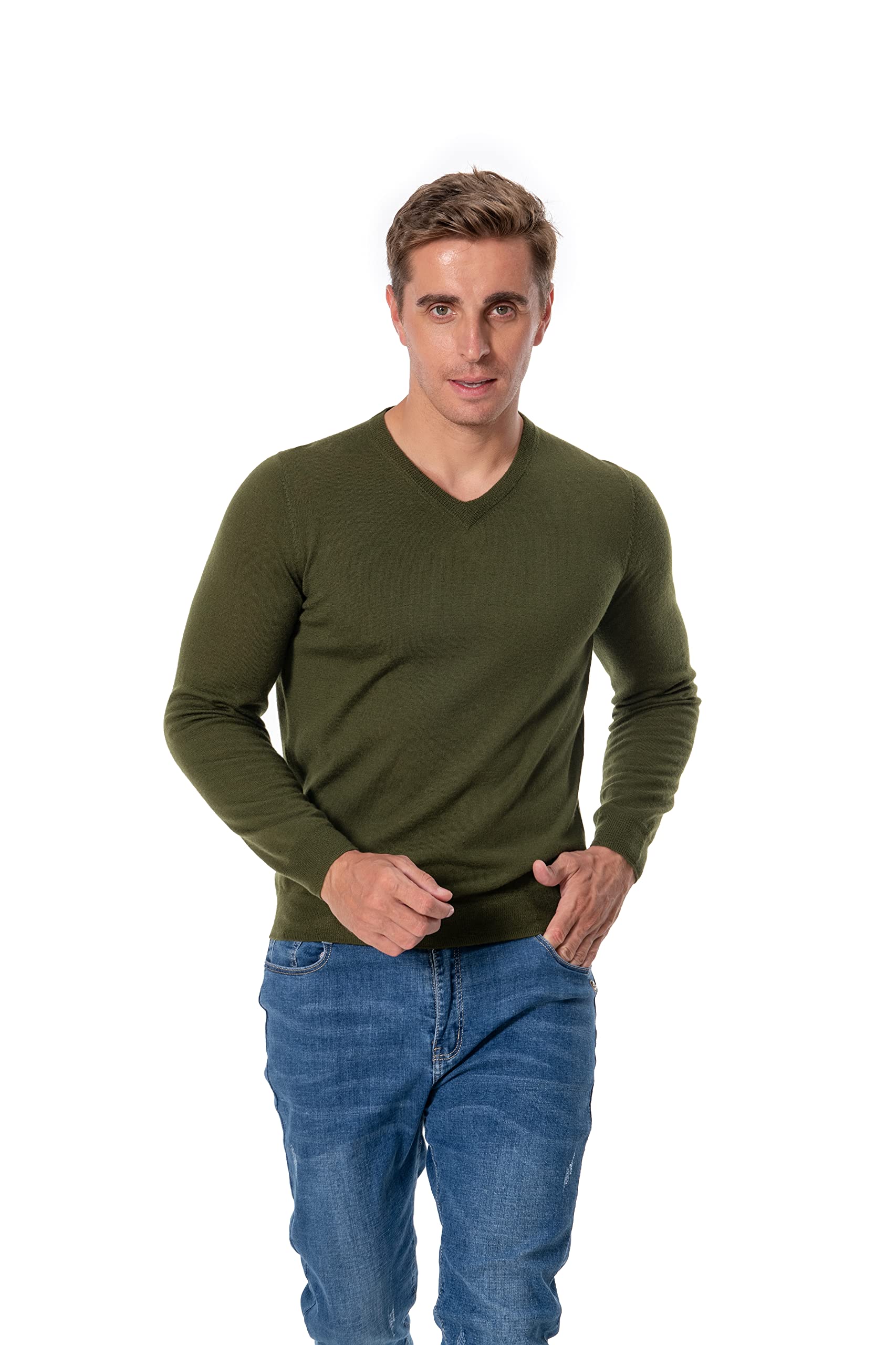 WOSICA Men's 100% Extrafine Merino Wool Knited Long Sleeve Pullover with V-Neck (Olive XXL)
