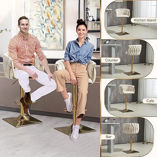 Miniatura 8 de Juego de 2 taburetes de bar giratorios de terciopelo, taburetes de bar ajustables y cómodos, silla de comedor moderna con respaldo tejido, taburetes