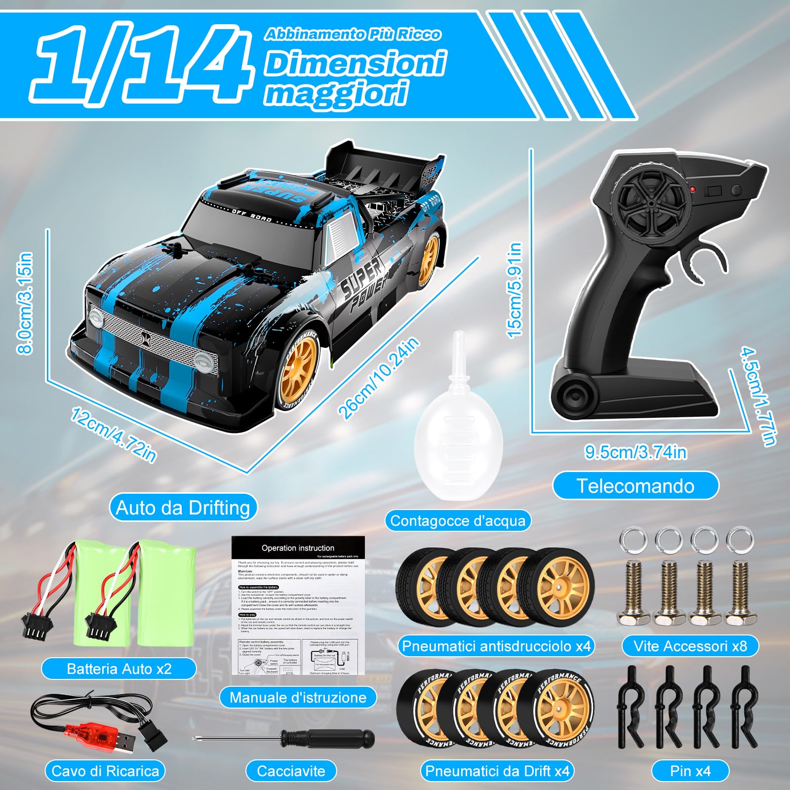 Joellfuner Macchina Telecomandata Drift, 4WD 1:14 RC Drift Car, 25km/h Auto Telecomandata con Nebbia Spray e Luce LED, RC Deriva Race Auto Giocattolo per Bambini di Età Superiore agli 8 Anni (Blu)