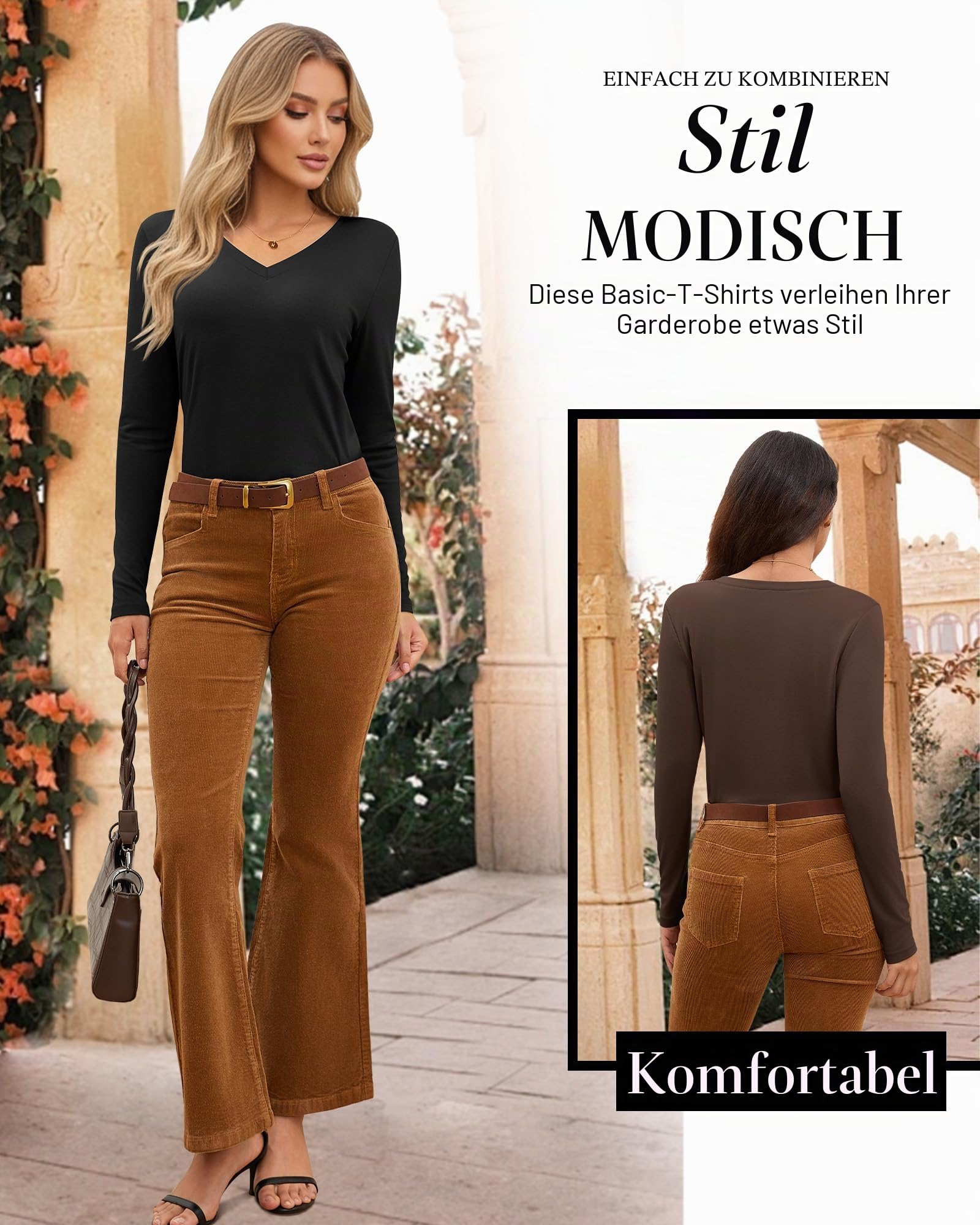Neer 4er-Pack Damen-T-Shirts mit V-Ausschnitt, Langen Ärmeln, Lässige Oberteile, Lockere Passform, Basic Gerader Saum Tees
